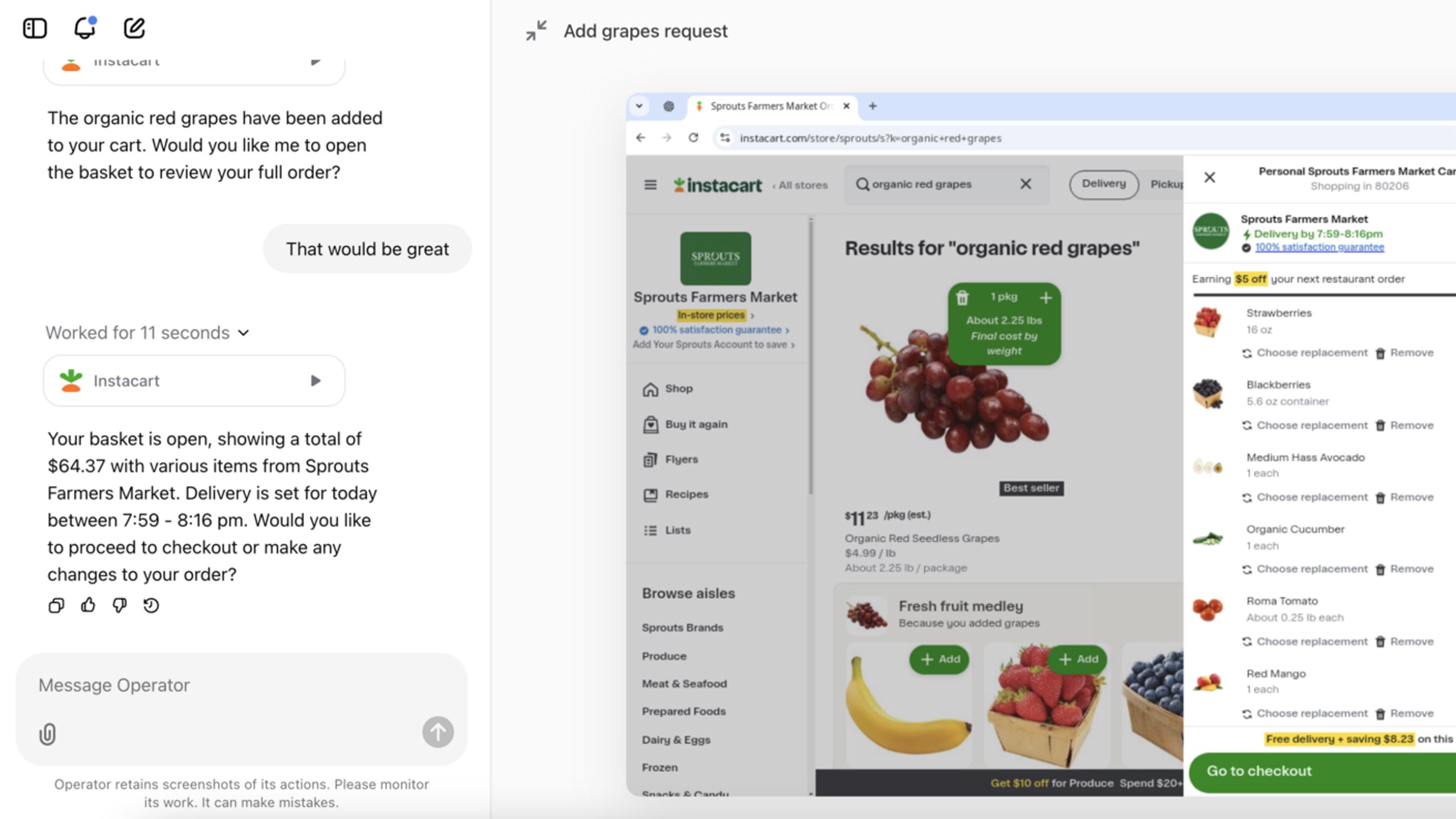 Operator can interact with a variety of websites, including Instacart's ordering platform.  