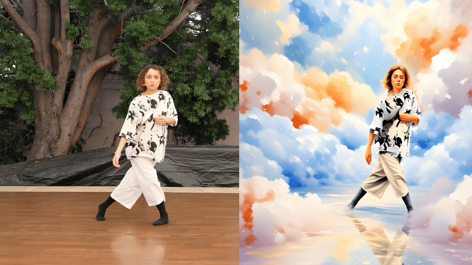 Split-screen of a person dancing ballet. The digitally altered version (right) puts them in a cloudy dreamscape.
