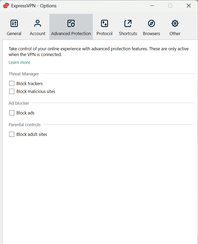 Check any of these boxes to use the pre-set blocklists whenever you're connected to ExpressVPN.