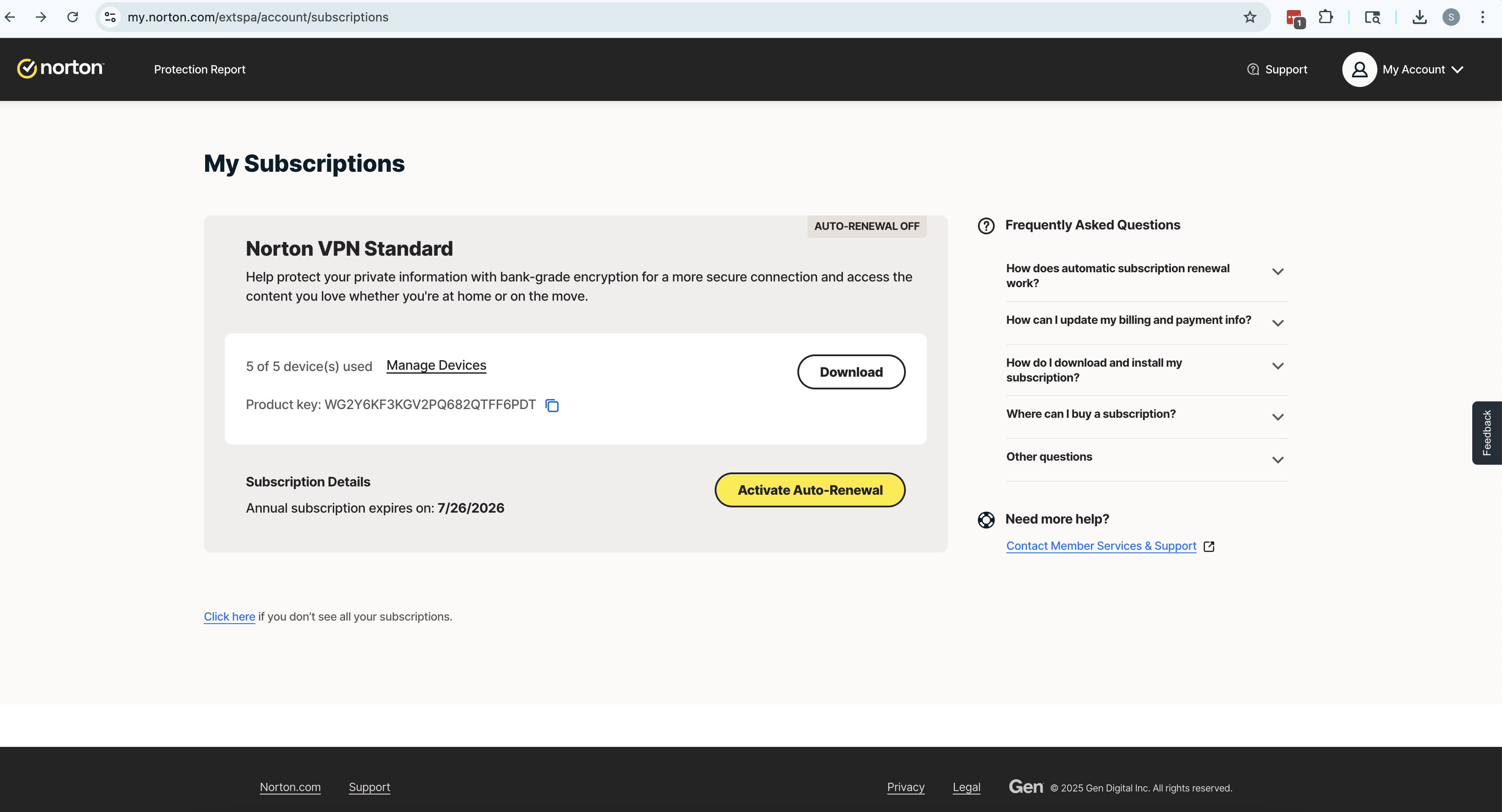 Norton subscription panel