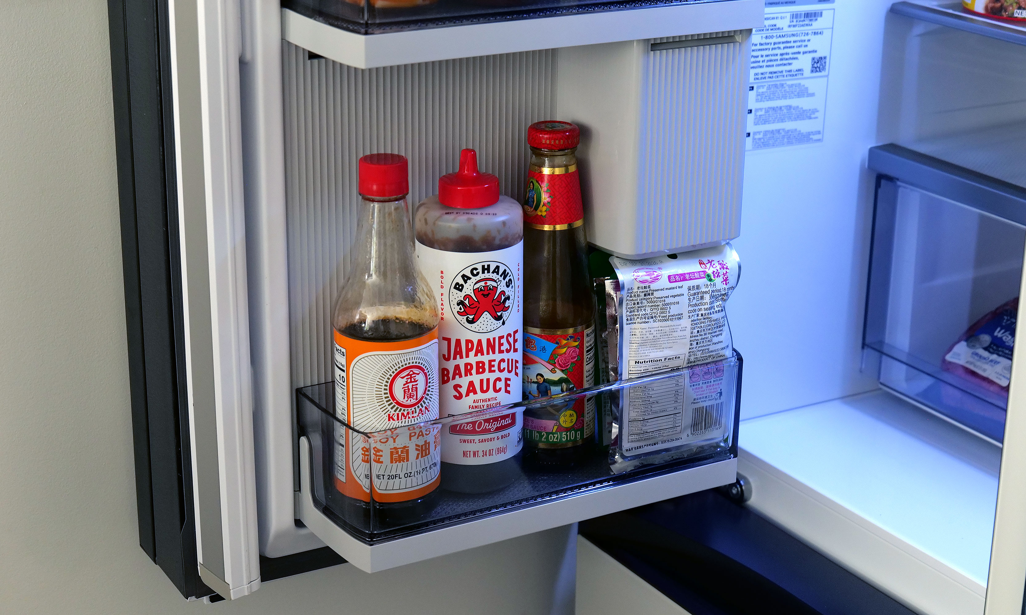 One of the nice things about Samsung's Beverage Center is that you still get room on the reverse side for holding things in the door of the fridge. 