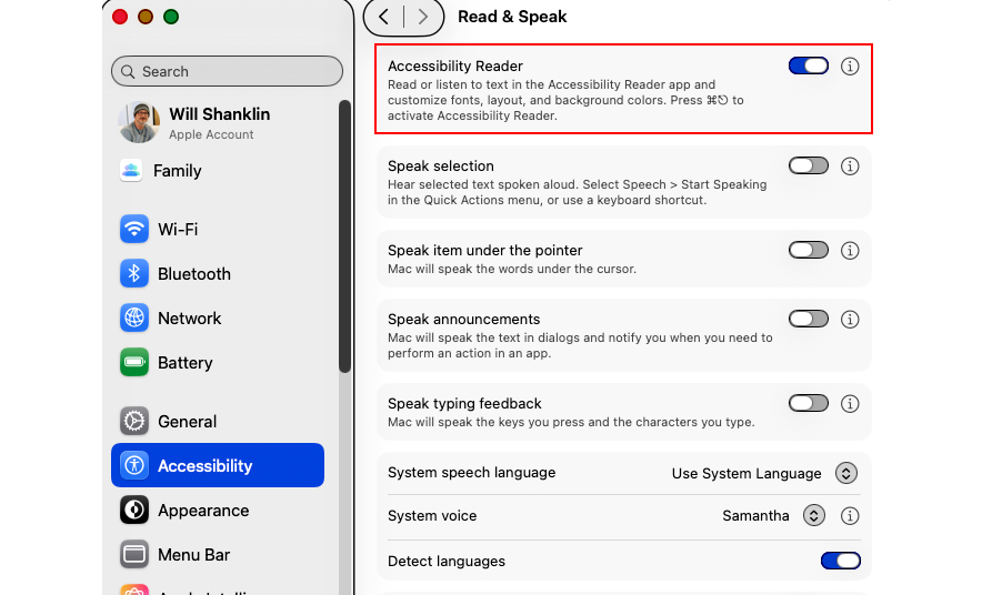 The Accessibility Reader settings toggle on macOS.