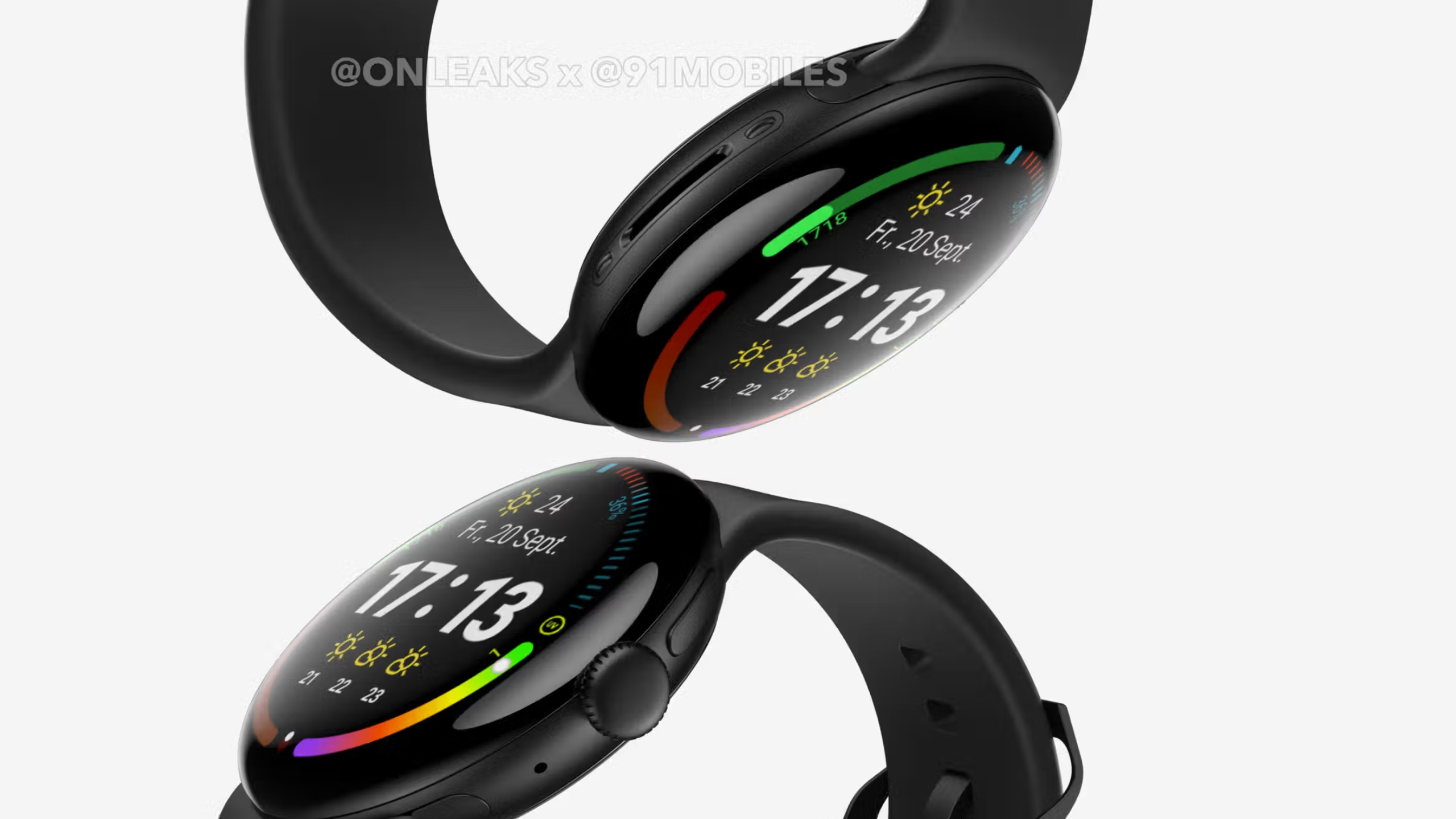 A render of the black Pixel Watch 4, in two different sizes.