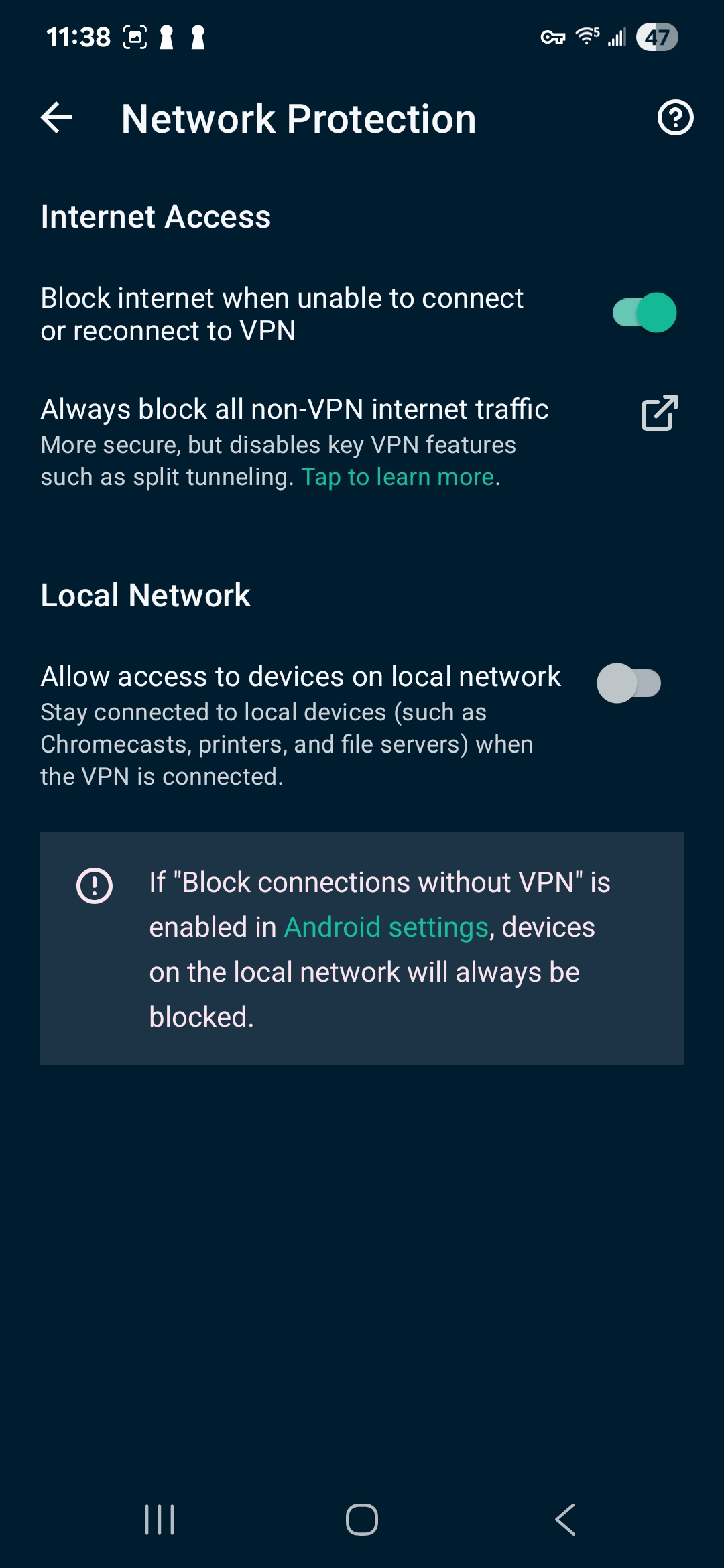 ExpressVPN's kill switch is called Network Lock on desktop, and Network Protection on mobile (Android pictured)
