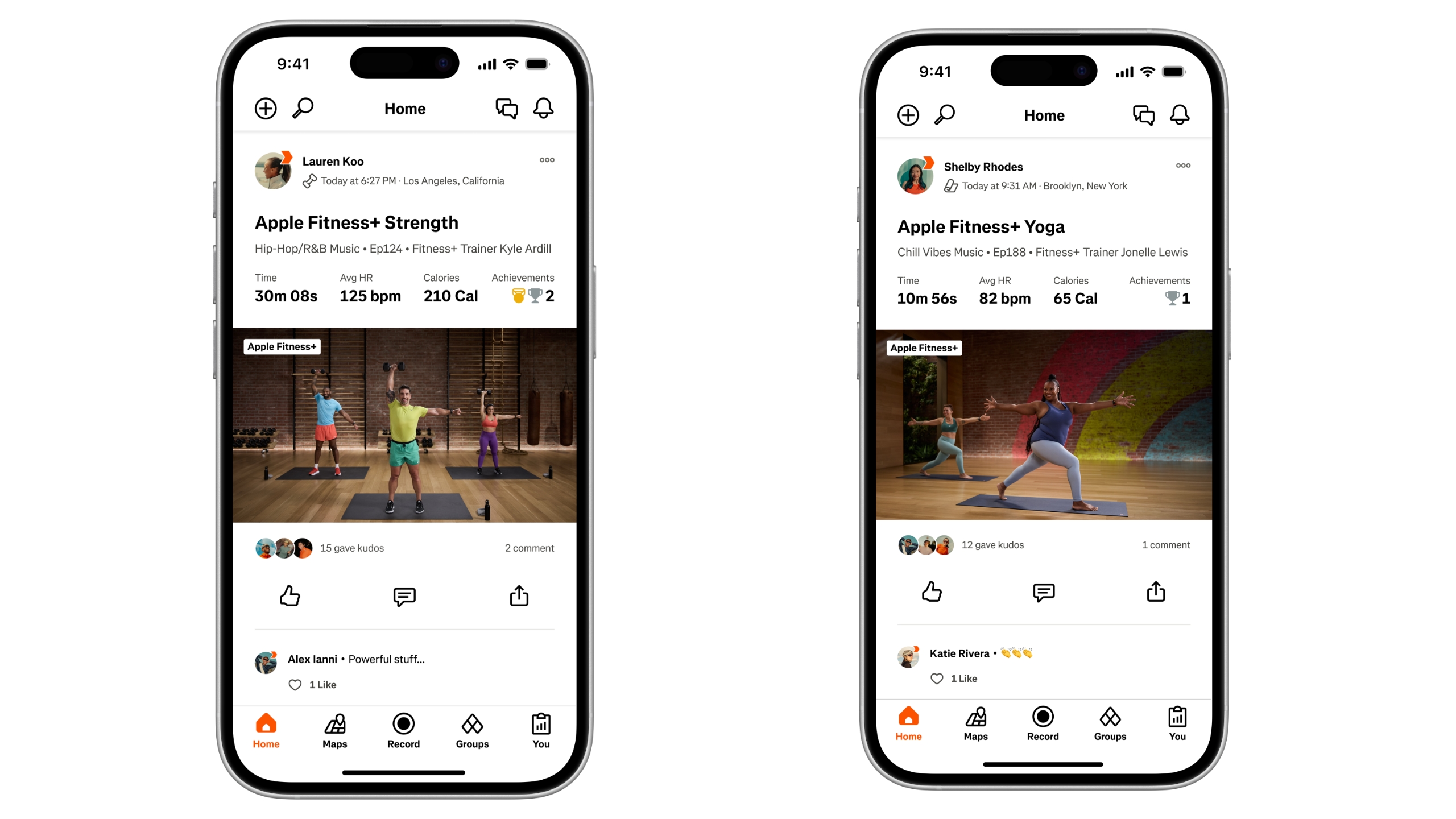 Two different iPhones showing the Strava app and what it looks like when you share a Fitness+ workout.