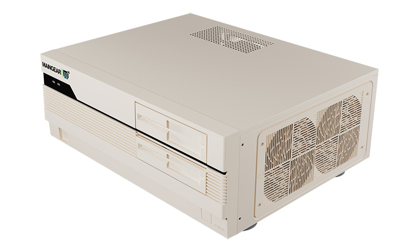 Product image of the Maingear Retro95 gaming PC. It has a beige horizontal case, reminiscent of '90s PCs.