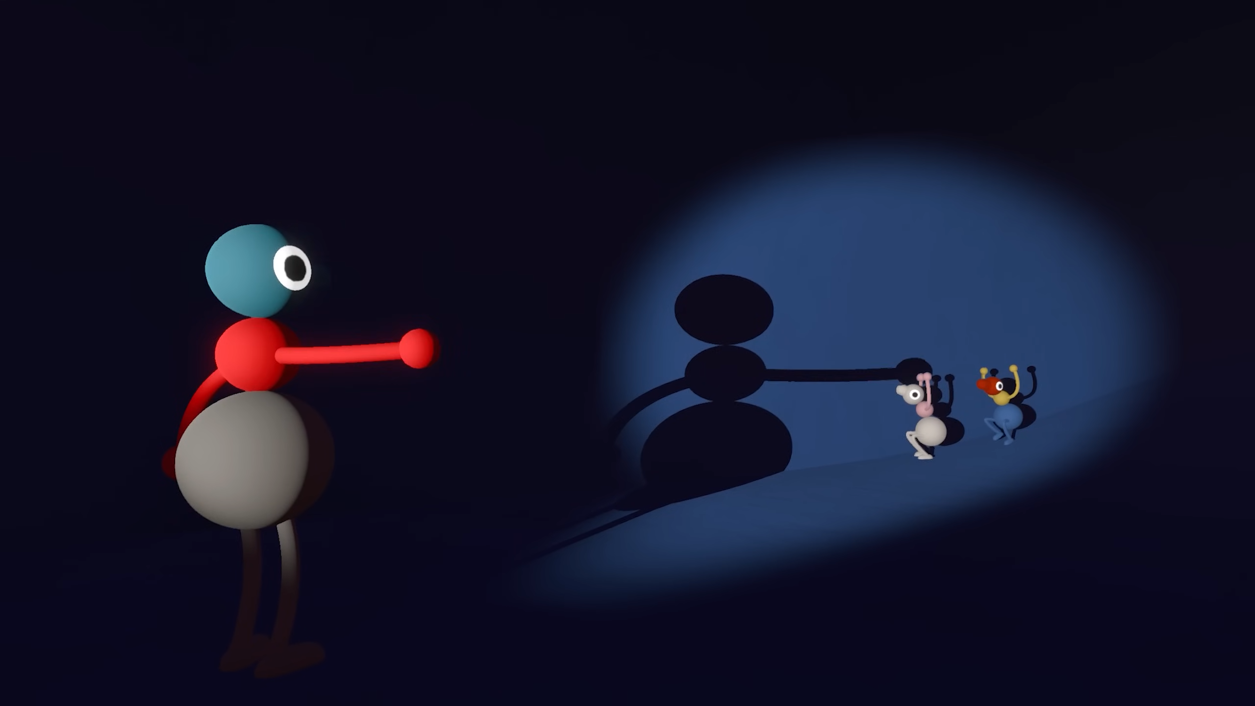 Screen from the upcoming indie game Big Walk. Strange characters playing in the shadows.