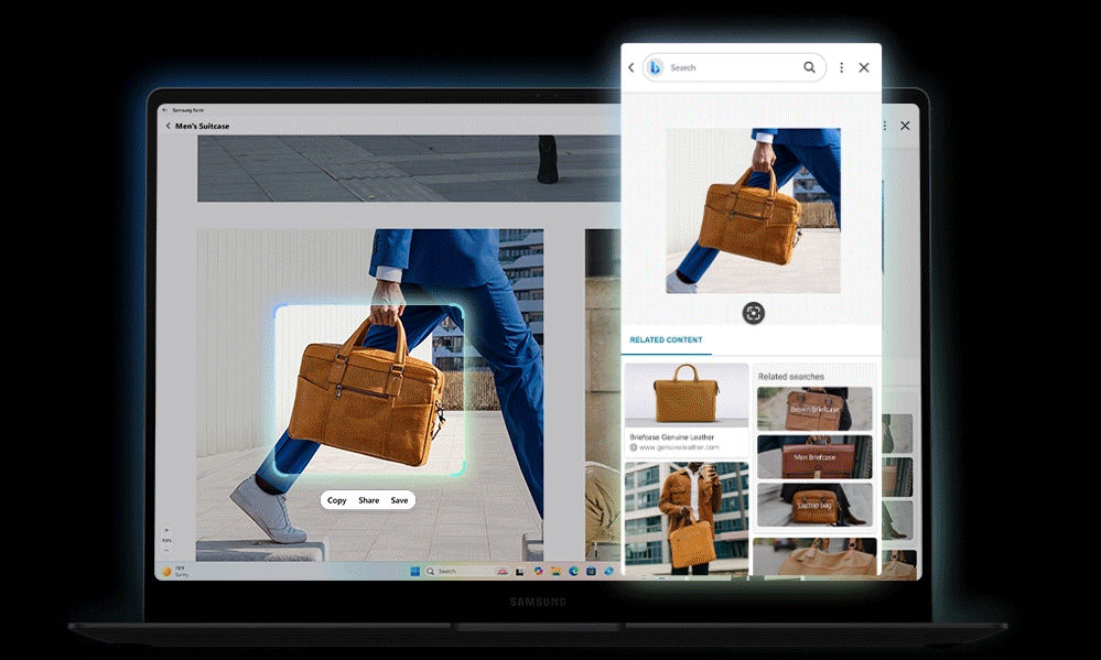 Screenshot of Samsung’s AI Select feature on its Galaxy Book5 series. It shows a circled handbag from a web image. A popup on the right shows search results for the image, allowing the user to shop for it.