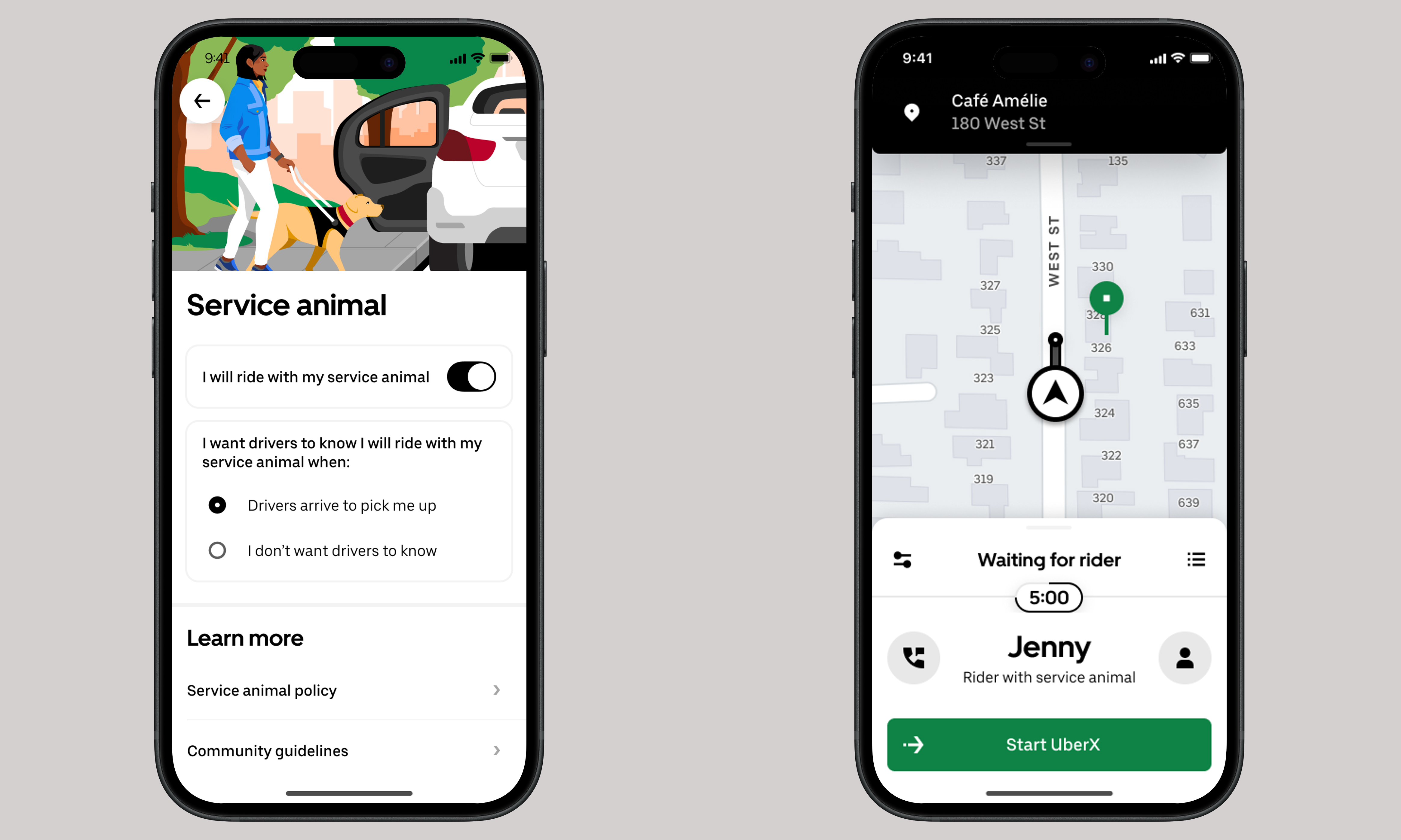 Two phone screenshots showing Uber service animal features. One shows the rider options, and the other shows the driver's view while waiting for the rider.