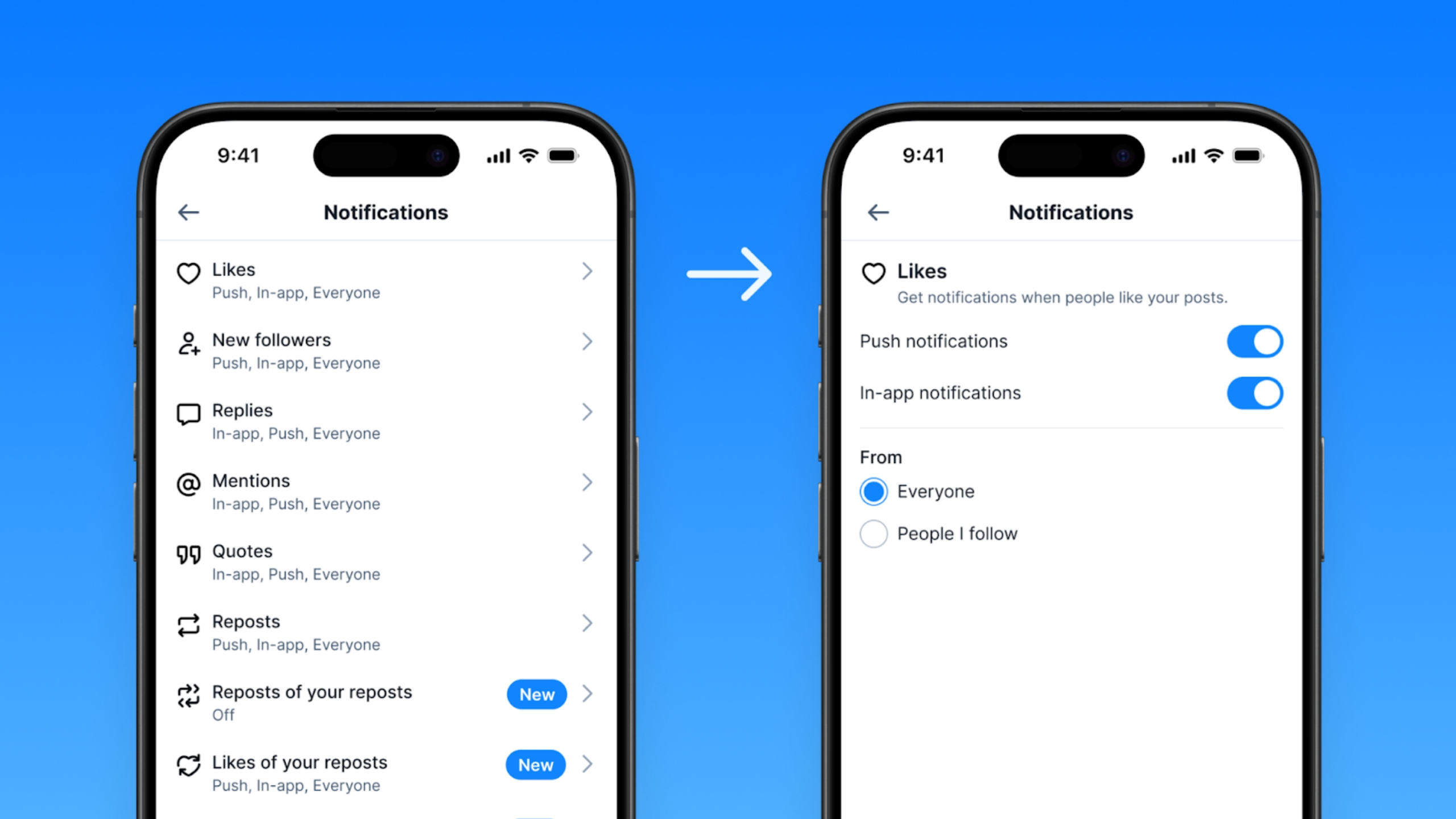 A screenshot of the Bluesky app showing the kinds of interactions that can trigger notifications and another screenshot showing how you can filter where and who you receive them from.