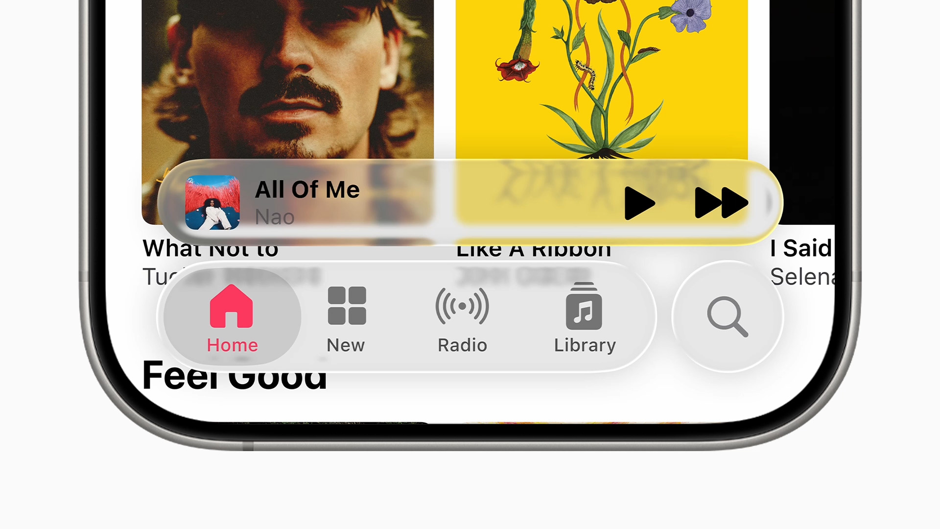 Apple's iOS 26 Liquid Glass design language. Closeup of the bottom of an iPhone, showing Apple Music's new translucent controls.
