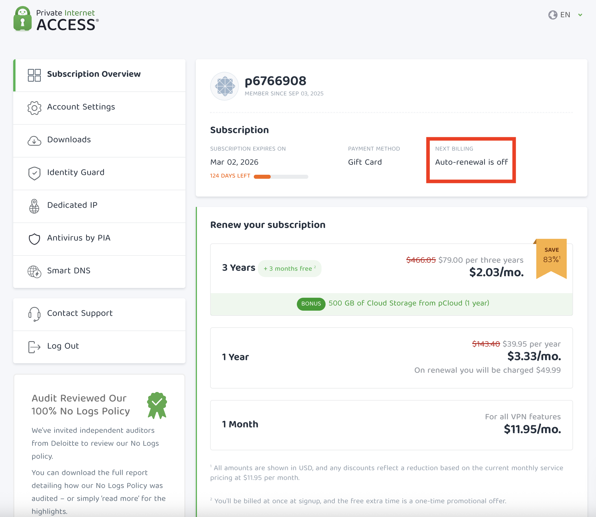 PIA subscription overview