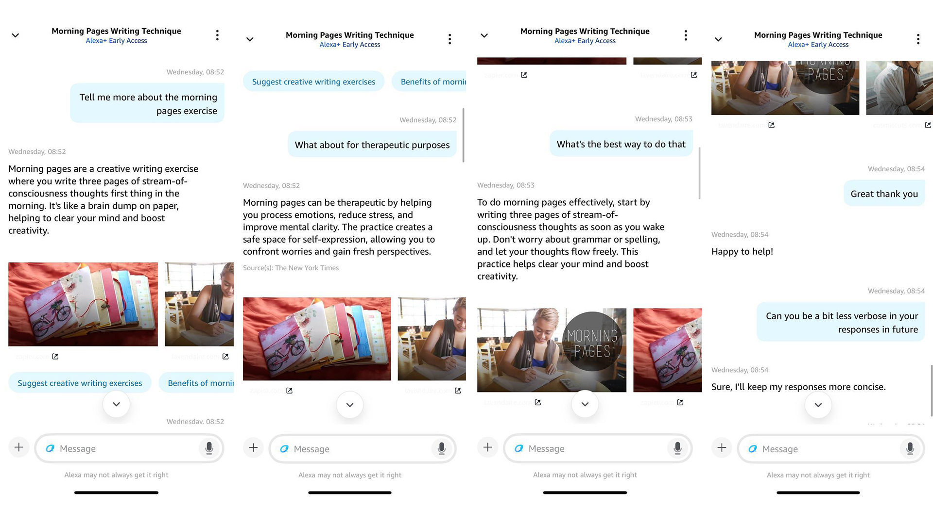 Four screenshots showing a conversation with Alexa+ about the 