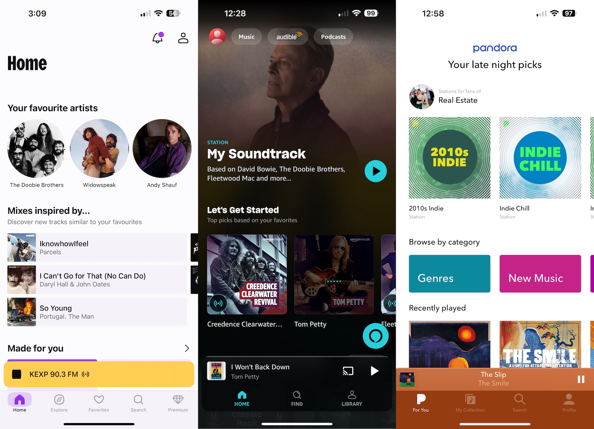 Screenshots from the music streaming services Deezer, Amazon Music Unlimited and Pandora Premium.