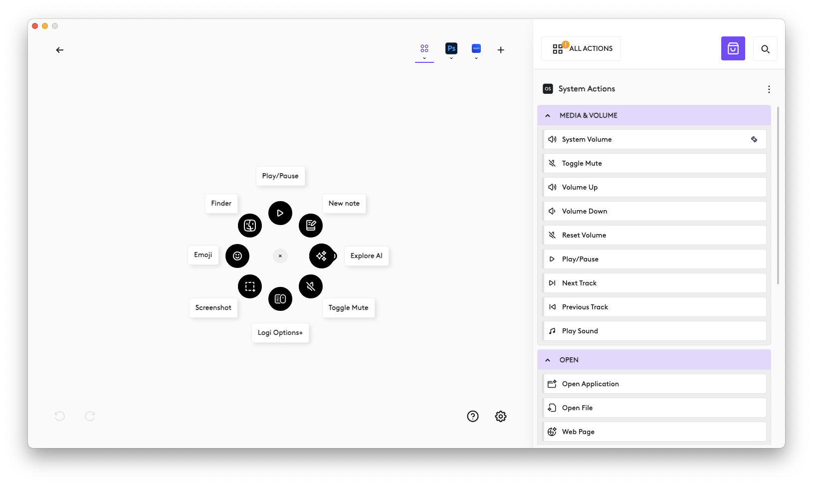 A screenshot of the Logi Options+ app showcasing how you can customize the Actions Ring function built into the Logitech MX Master 4 wireless mouse.