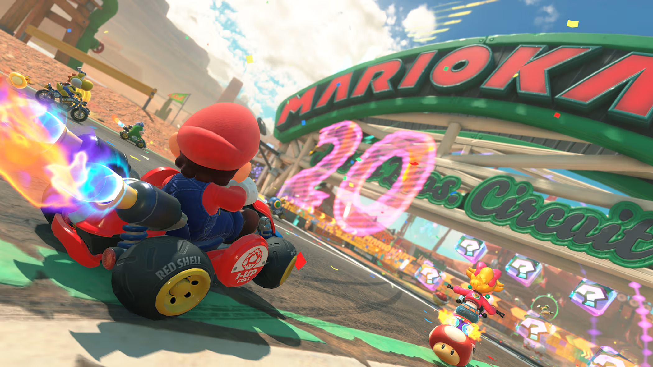 Mario racing in Mario Kart World.