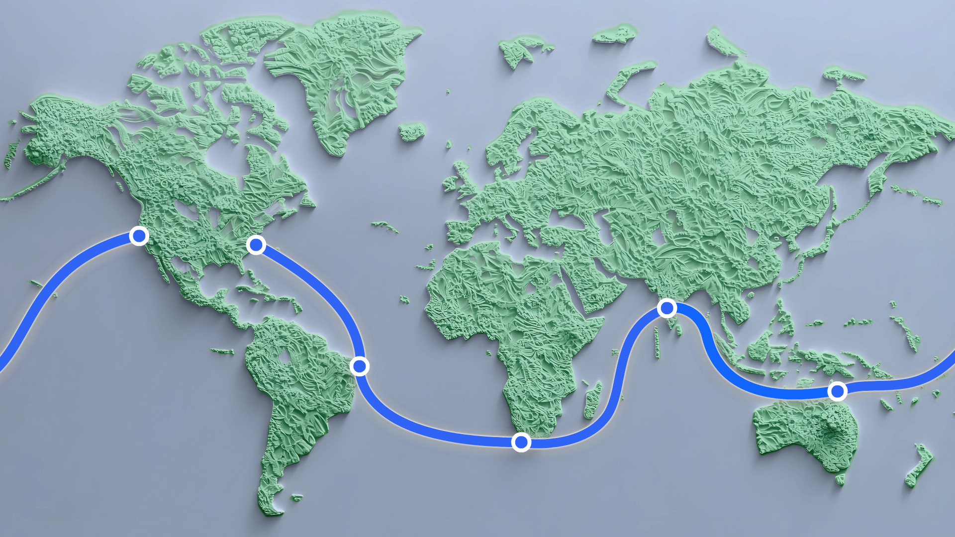 A map of the Project Waterworth cable, with dots on the continents and countries where it touches land.