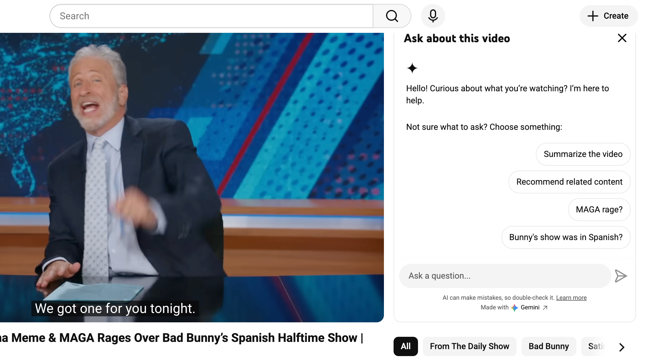 Screenshot of a Daily Show video on YouTube. The Ask about this video AI window is active to the right.