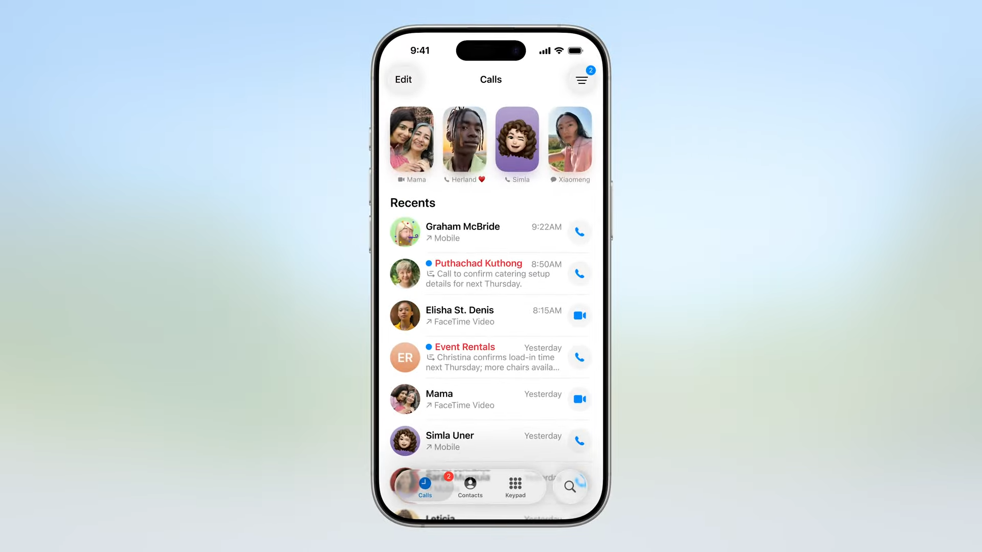 New look on the Calls screen.