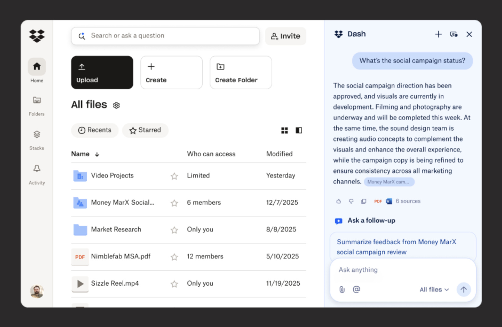 Screenshot of Dash's AI capabilities in the Dropbox app.