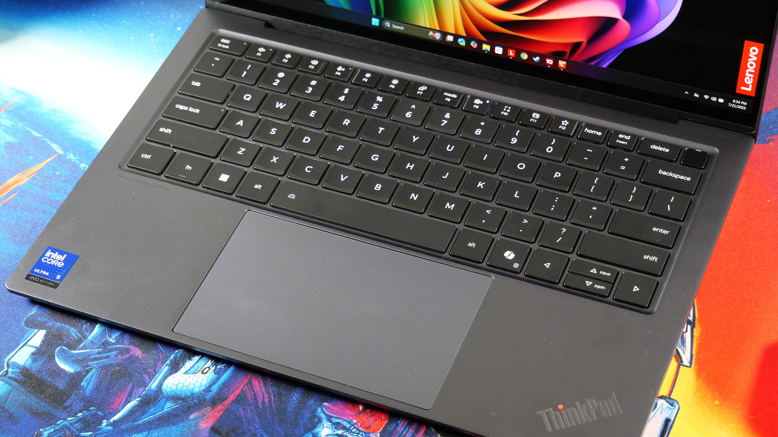 A top-down view of the Lenovo ThinkPad X9-14 Aura Edition's keyboard and trackpad.