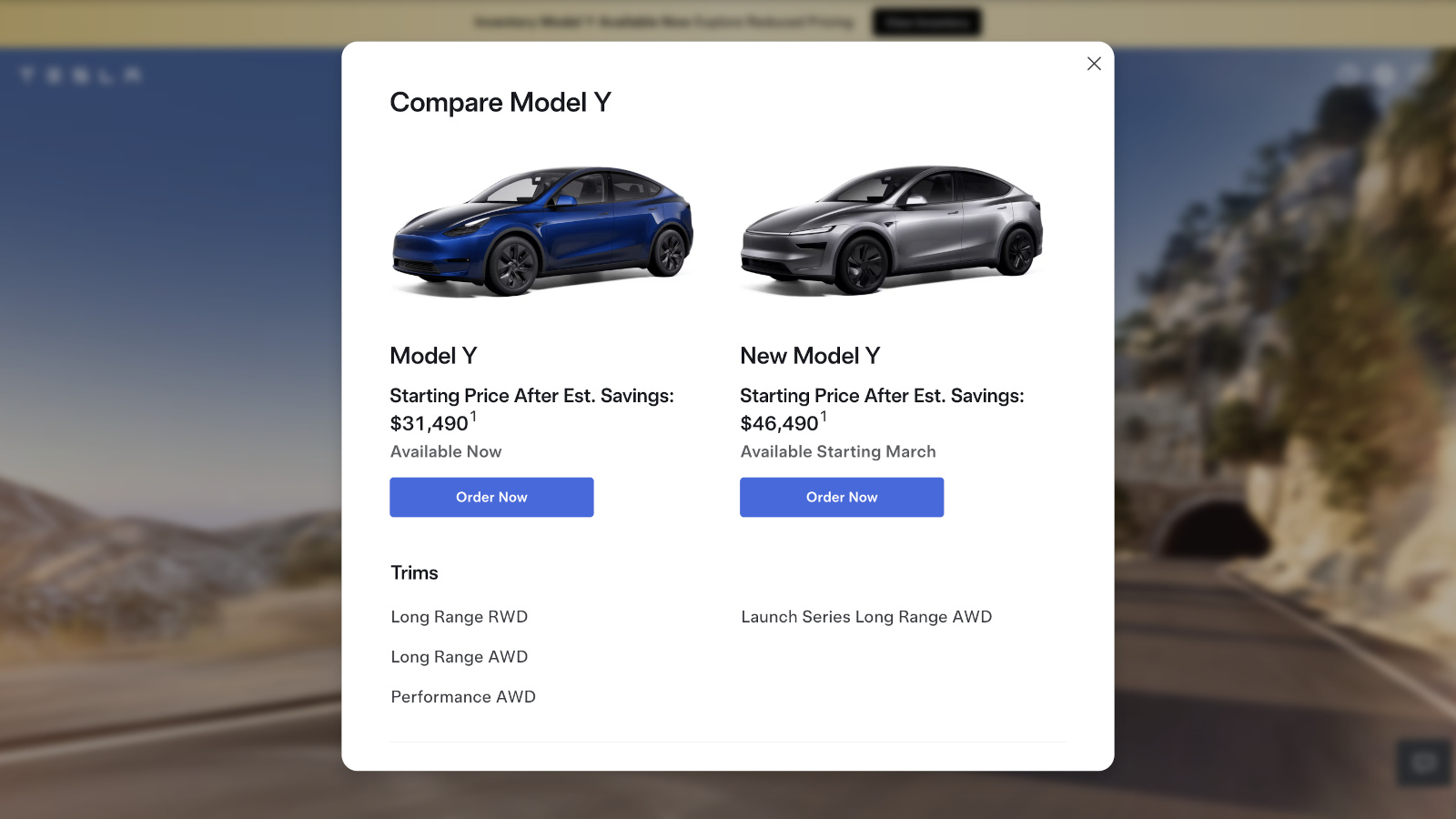 Comparison chart of the old and the new Model Y. 