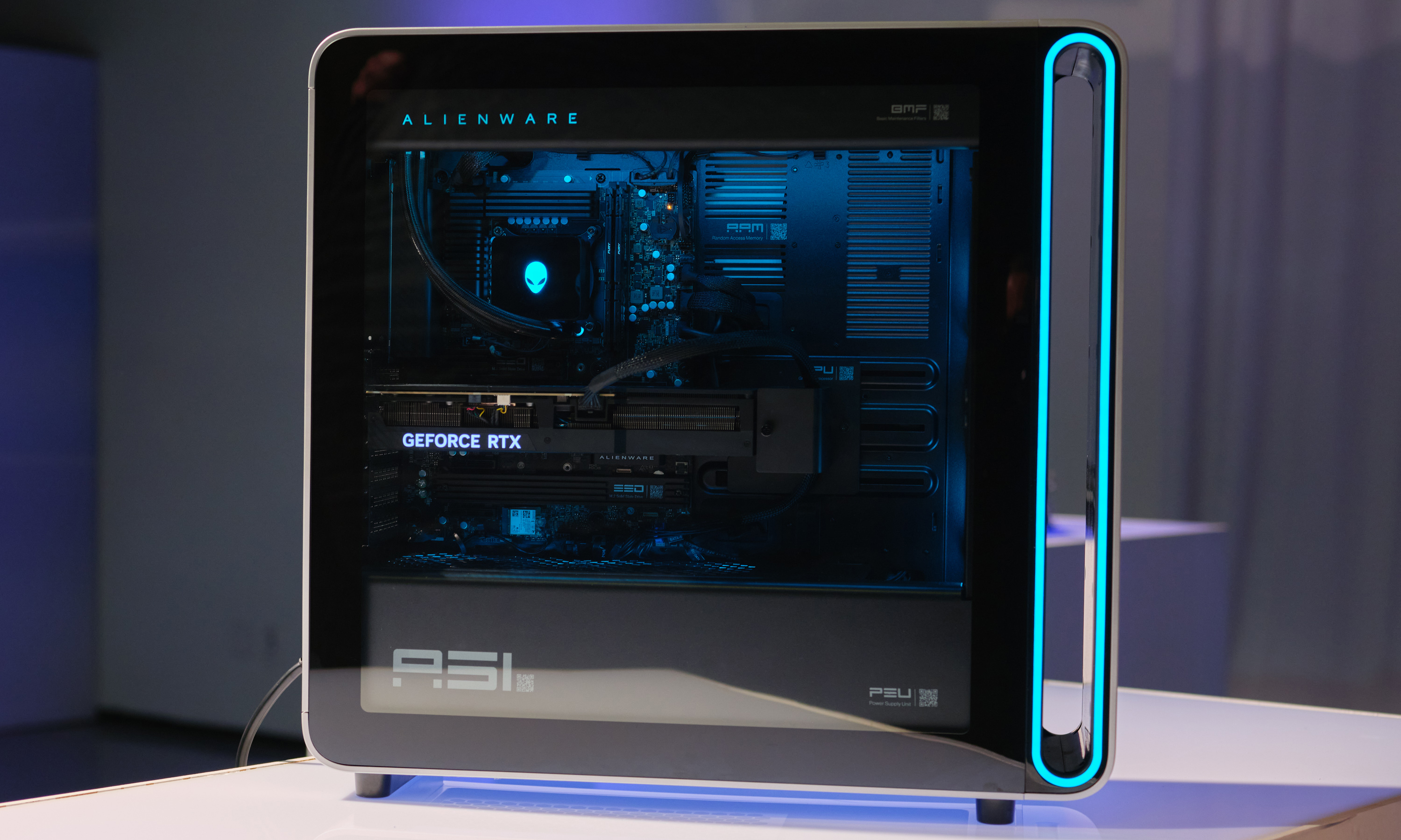 Side view of the Alienware Area-51 desktop PC, showing a transparent view of its insides.