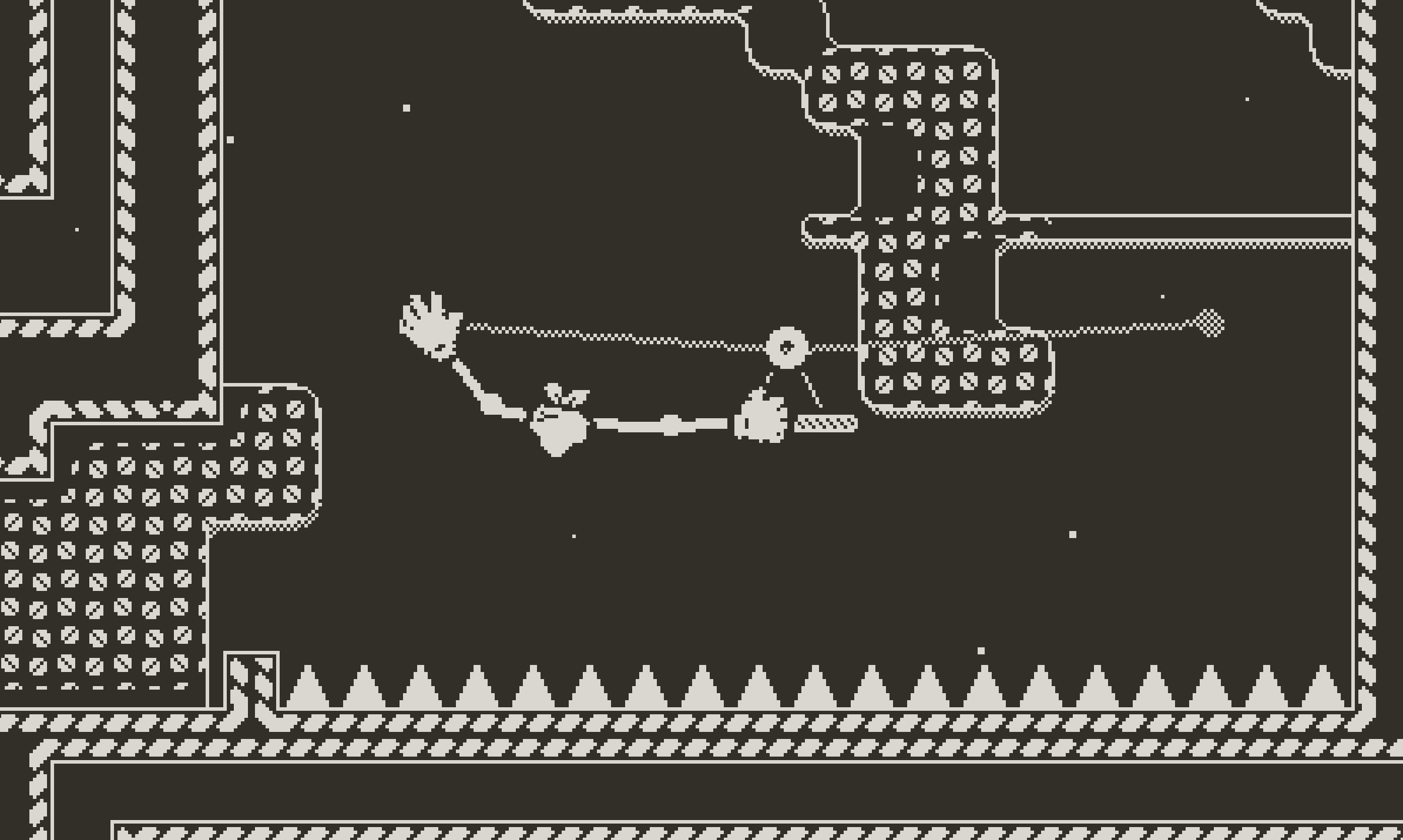 A still from the Playdate game Tiny Turnip showing a turnip with arms and large hand clinging to a moving platform above a layer of spikes