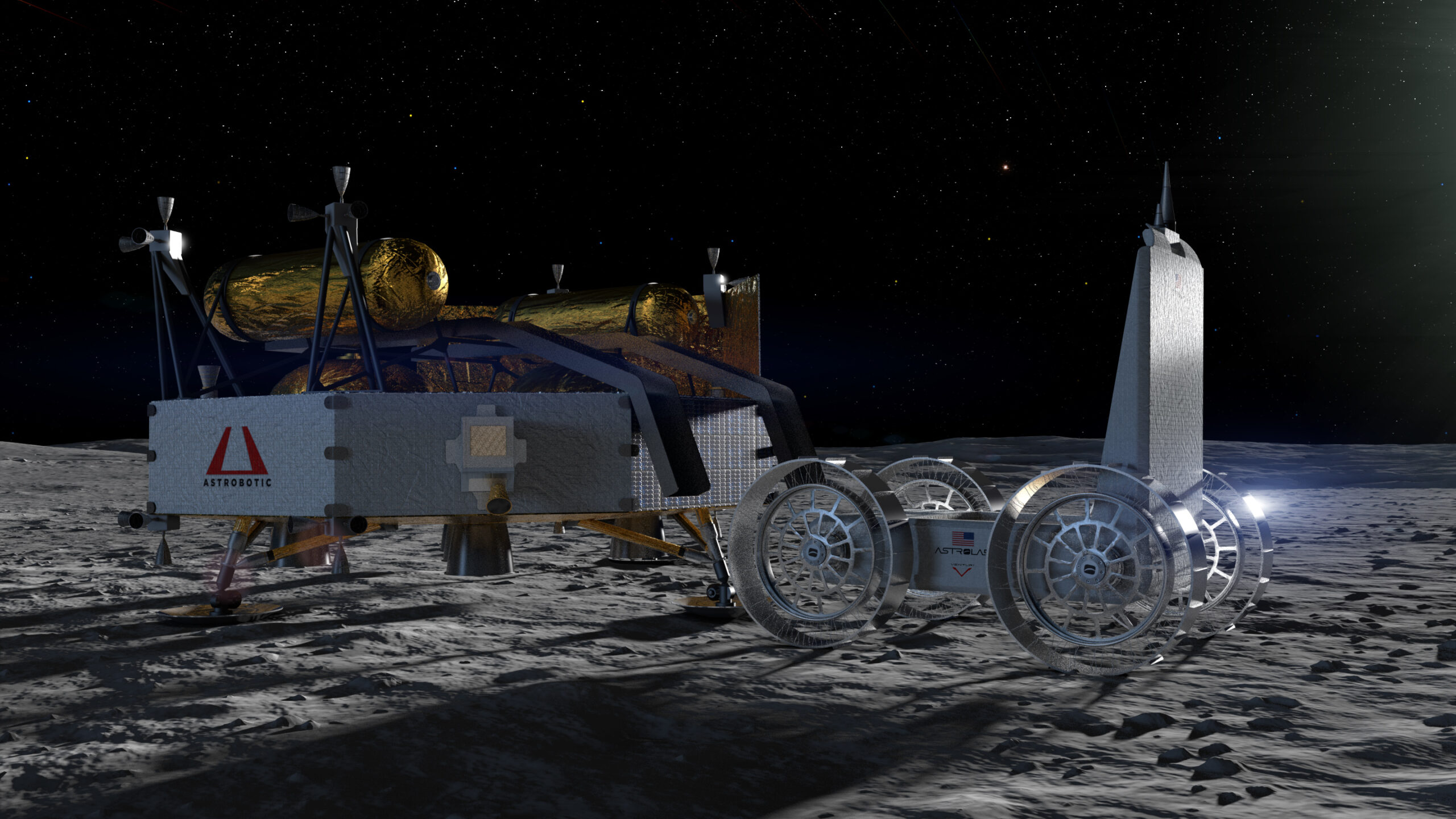An artist's rendering of Astrobotic’s Griffin lander and Astrolab rover on the moon