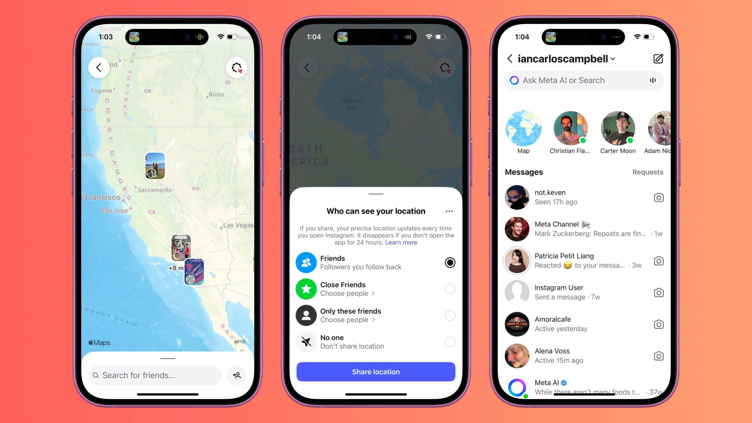 Screenshots of the Instagram Map, the location settings, and the DMs menu with a link to the Map.