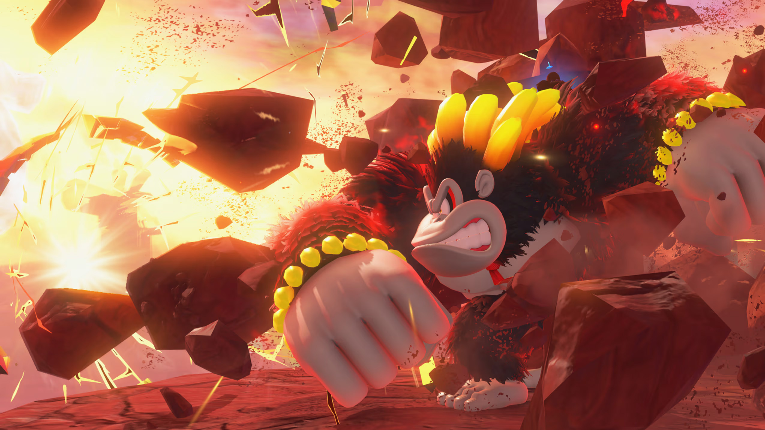 Cinematic still from the game Donkey Kong Bananza. DK furiously breaking rocks while adorned in banana garb.