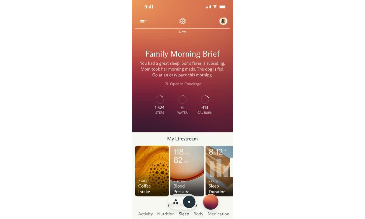 Screenshot from the Luffu app. Family morning brief summarizes everyone's health habits.