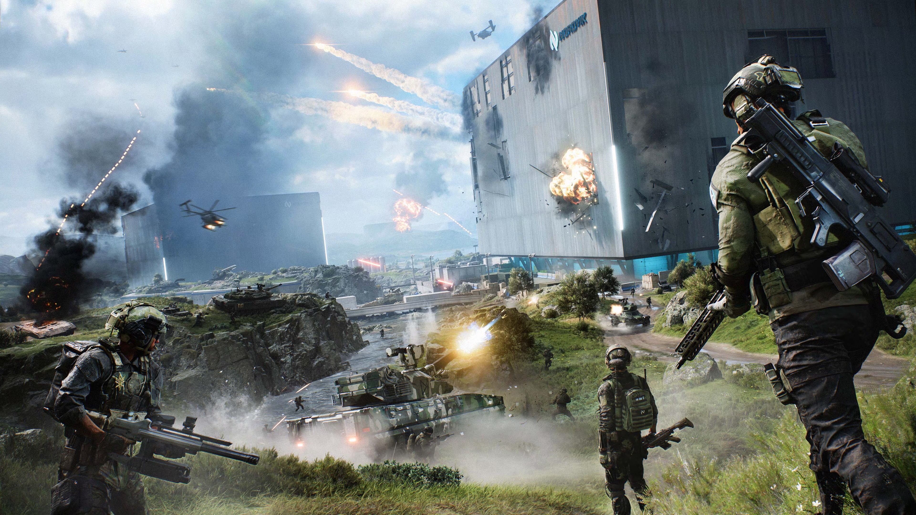 Screen from Battlefield 2042. Battle on a battlefield.