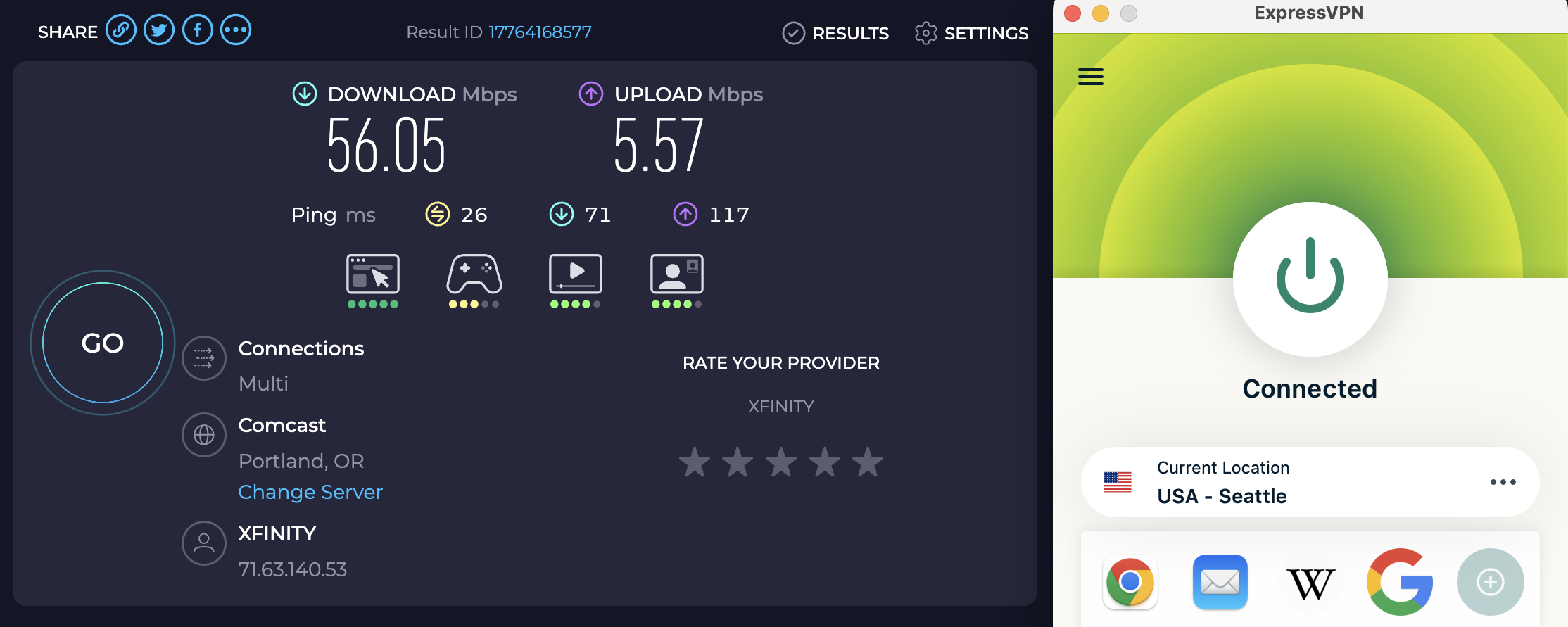 This Ookla speedtest shows you can still get fast internet while connected to ExpressVPN -- our unprotected speeds are around 58 Mbps.