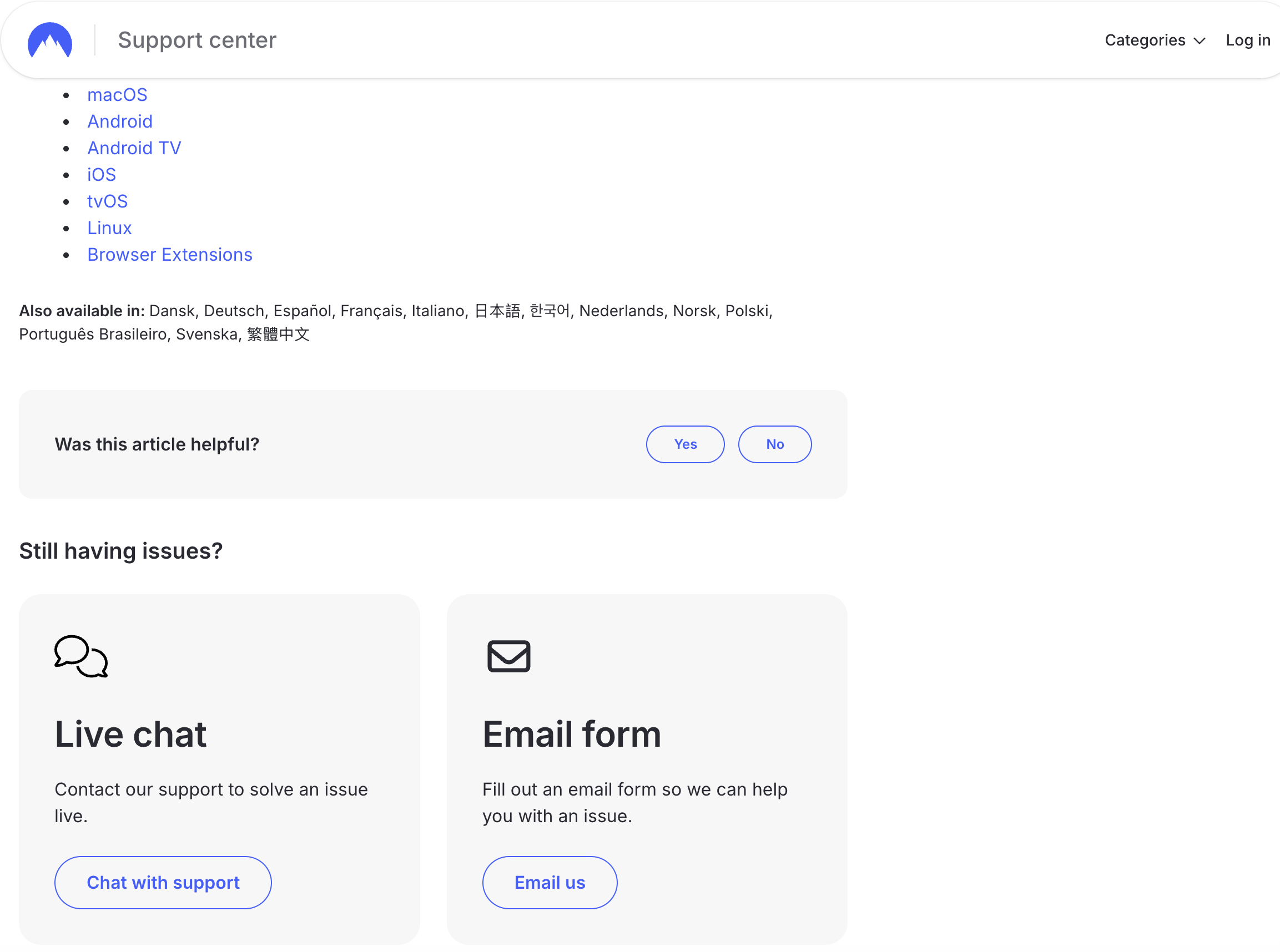 NordVPN support buttons