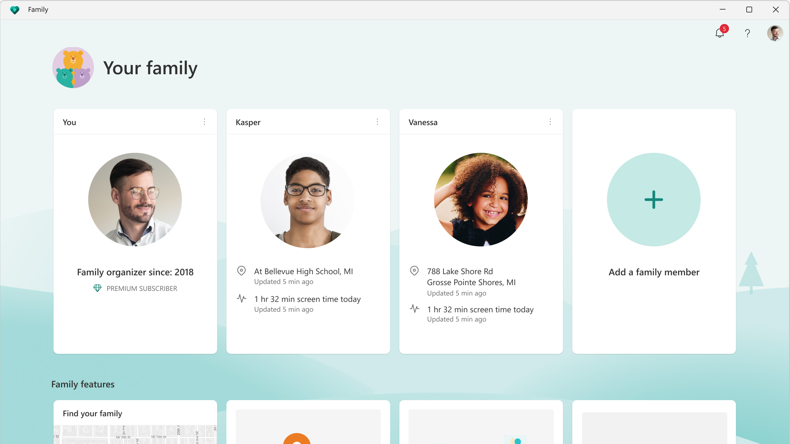 Screenshot from the Windows Family Safety app. Tiles for family members.