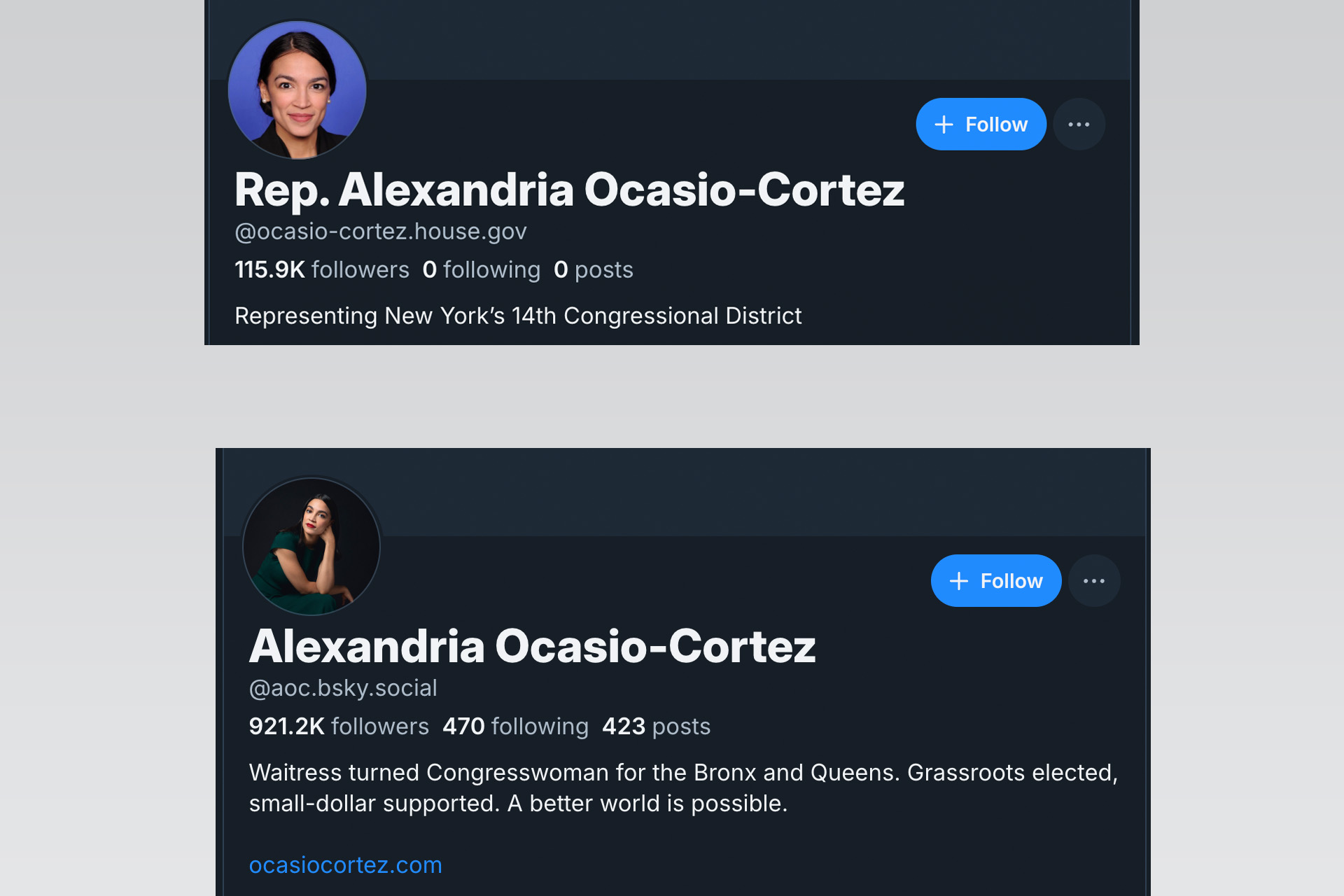 Two screenshots of NY Representative Alexandria Ocasio-Cortez' Bluesky accounts. 