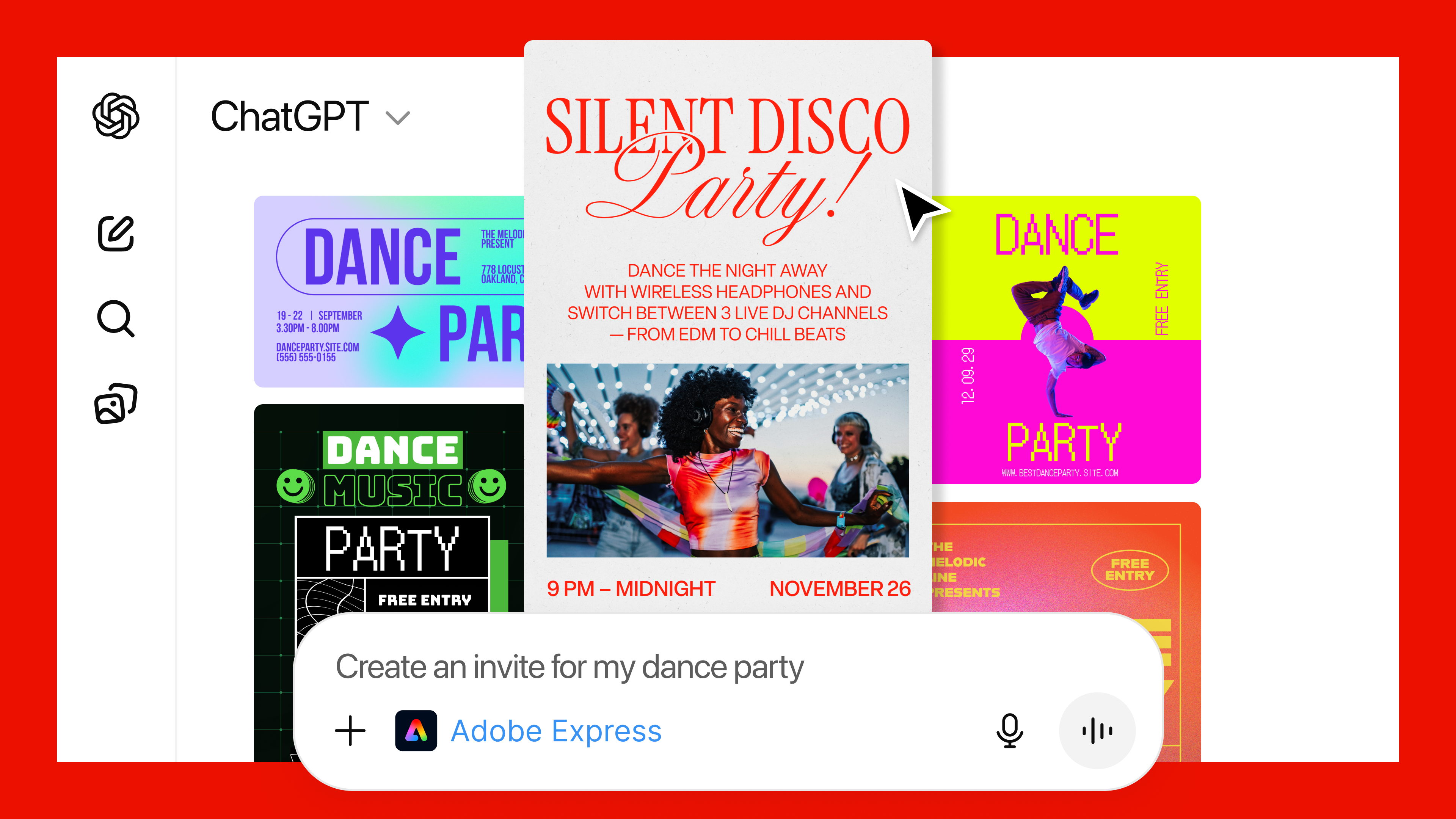 A ChatGPT user asks the chatbot to create a dance party invitation. 