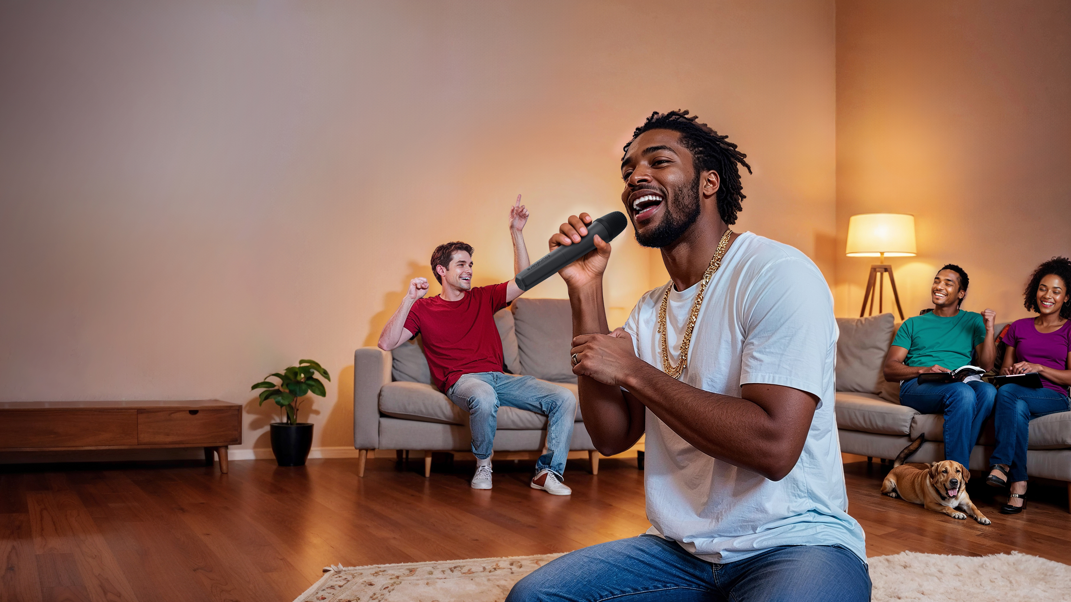 A person kneeling on the floor, singing karaoke into a wireless mic. Friends sit on couches behind, laughing and having fun.