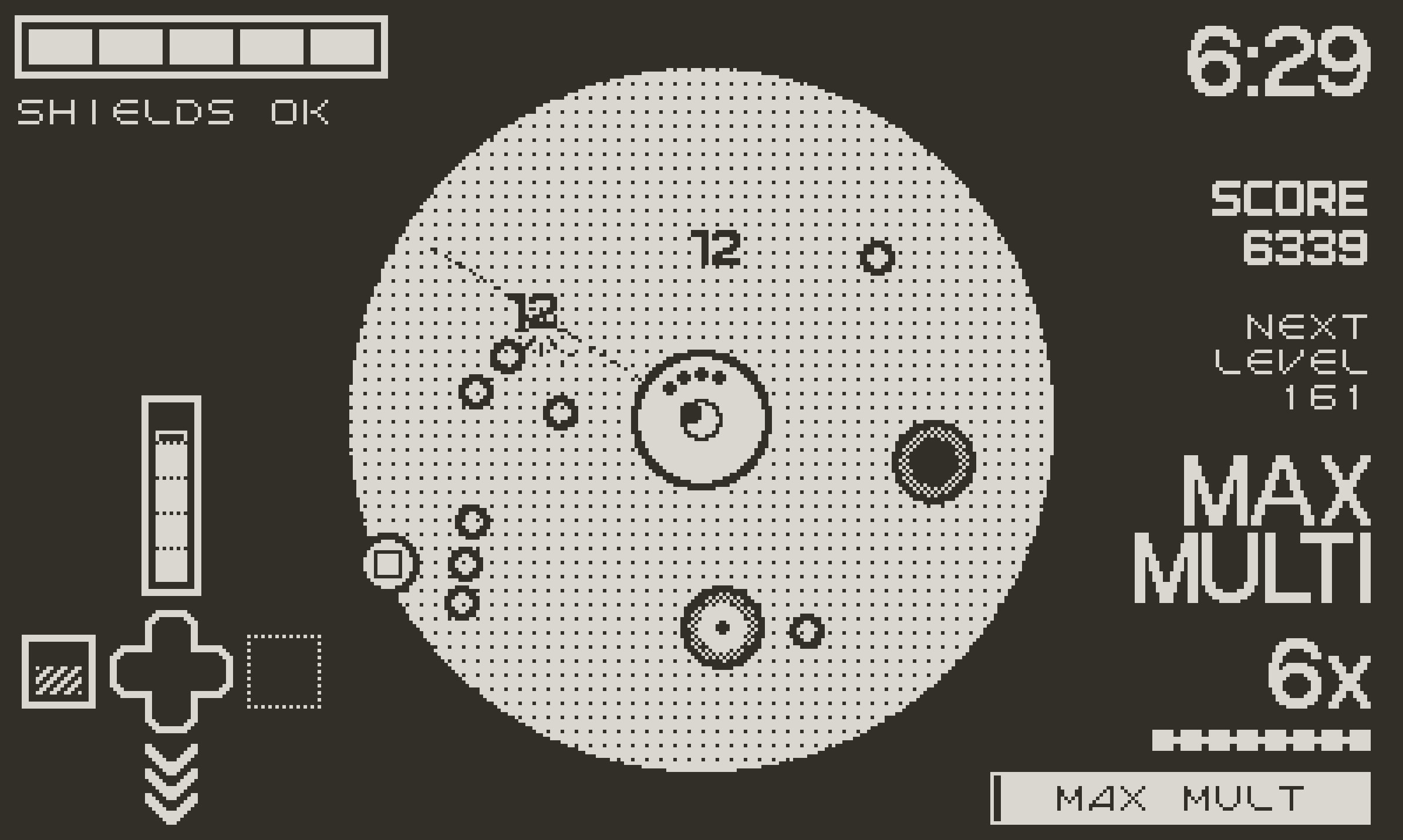 A still from the Playdate game Fulcrum Defender showing a white circular arena at the center of a black screen, with several small enemy circles closing in on a turret in the middle