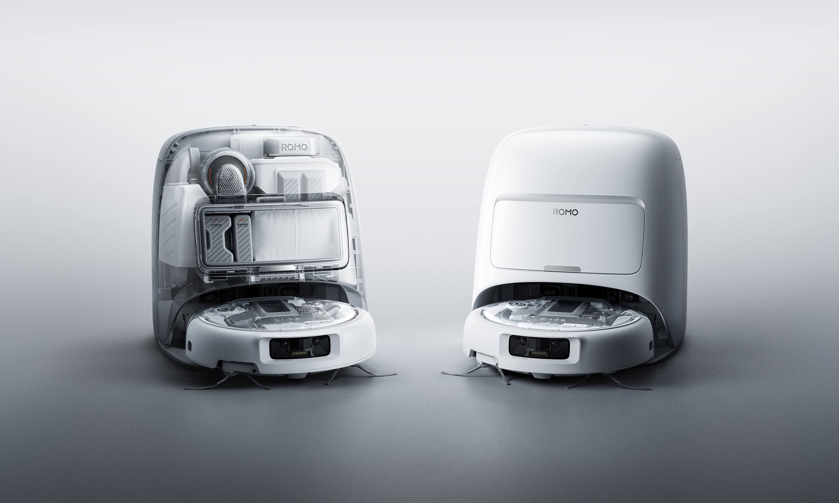 The Romo P and Romo A robot vacuums from DJI side-by-side.