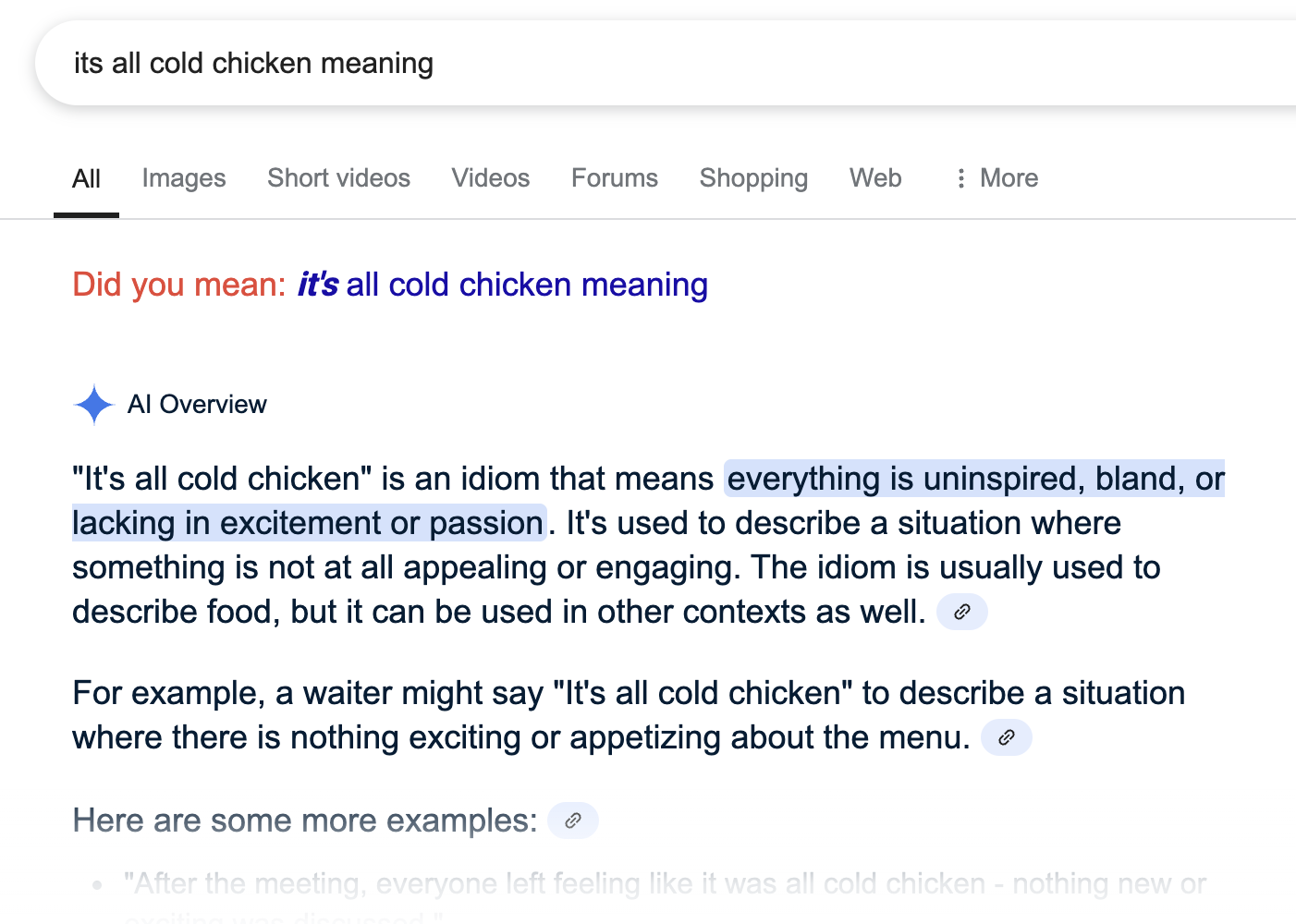 Screenshot of a Google AI overview explaining the (nonexistent) idiom, 