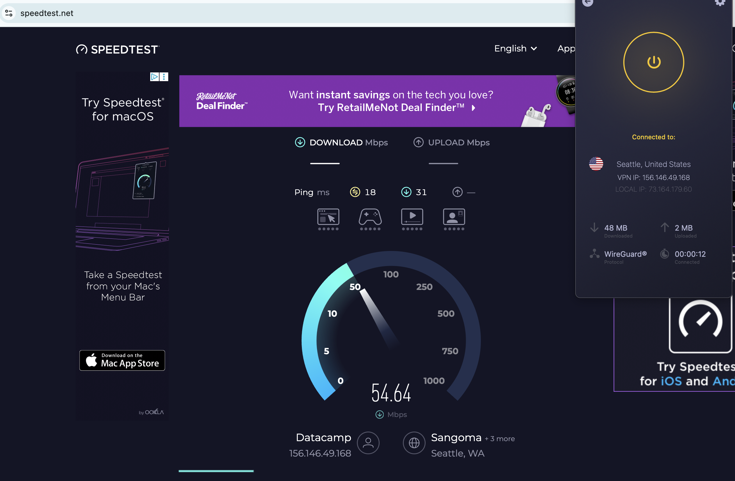A speed test using the fastest location chosen by the CyberGhost app.