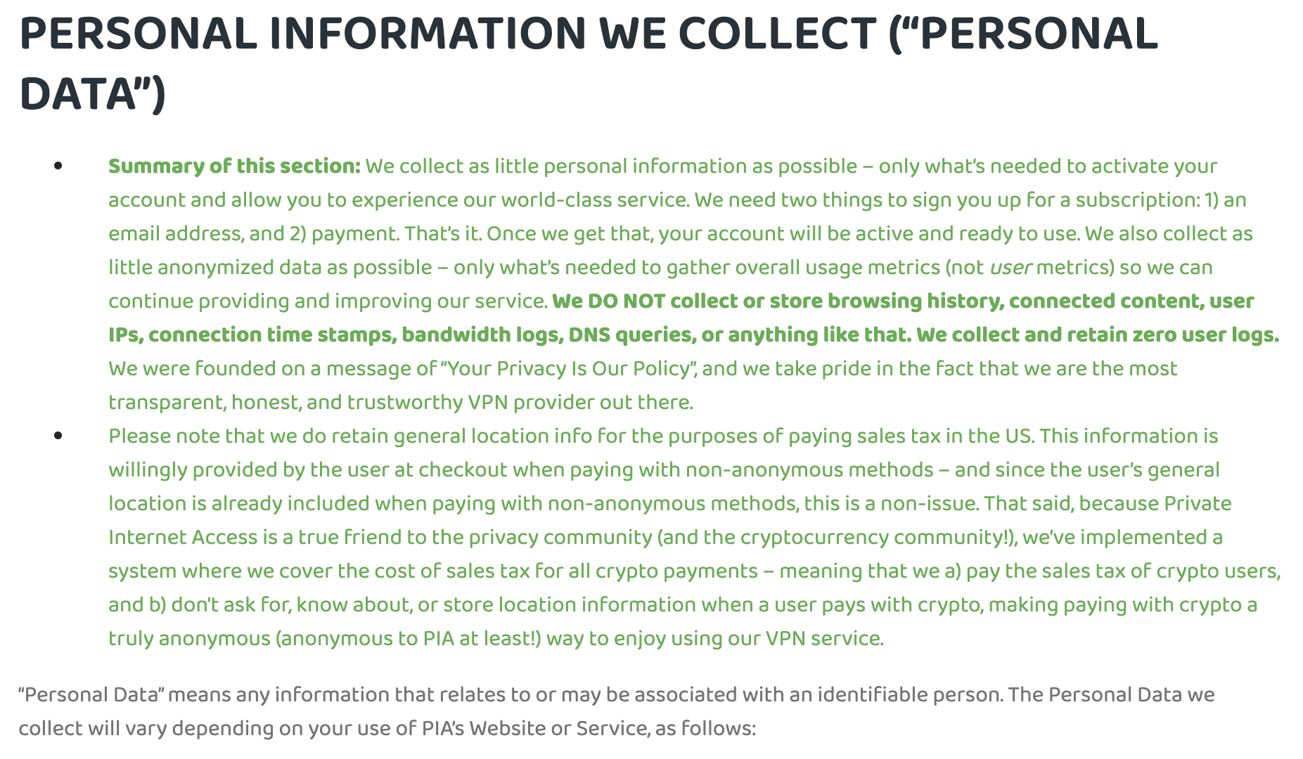 PIA privacy policy