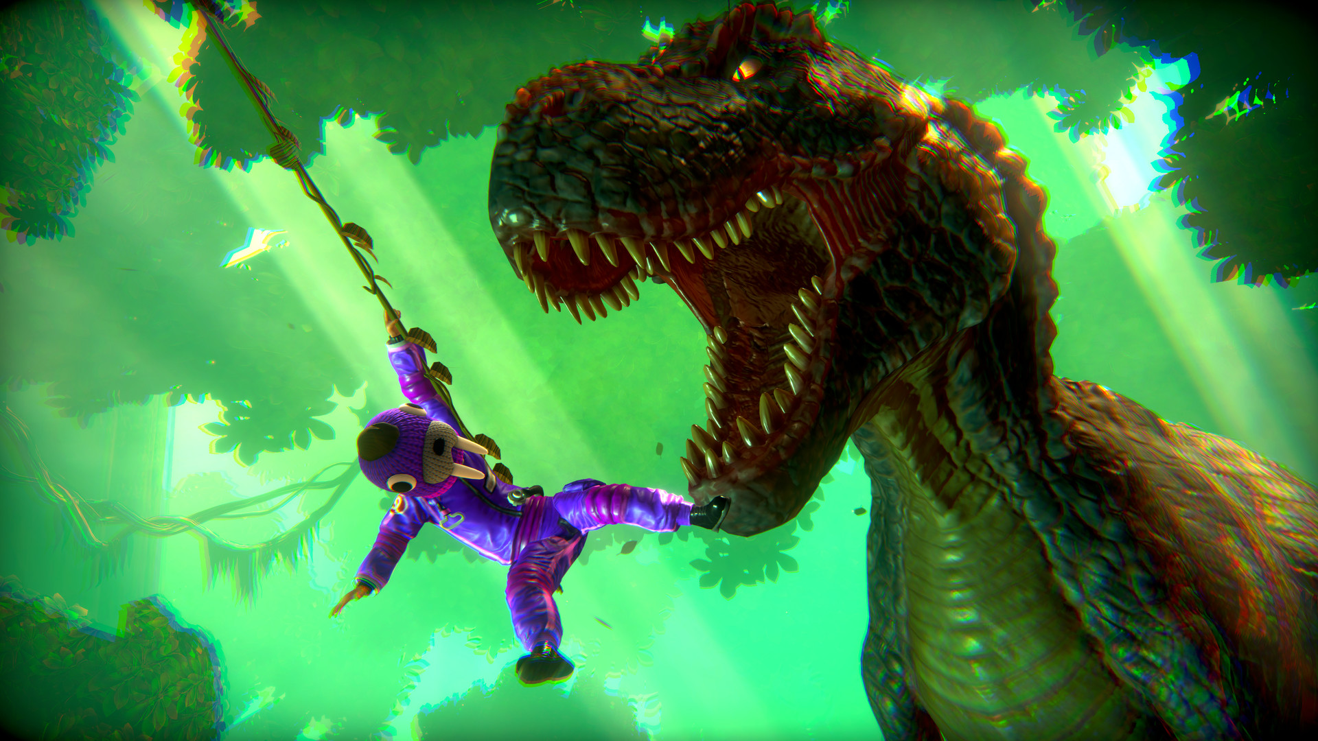 Still from the game Little Orpheus. A character in a walrus mask swings on a vine as a T-Rex roars. Green background with dramatic lighting.