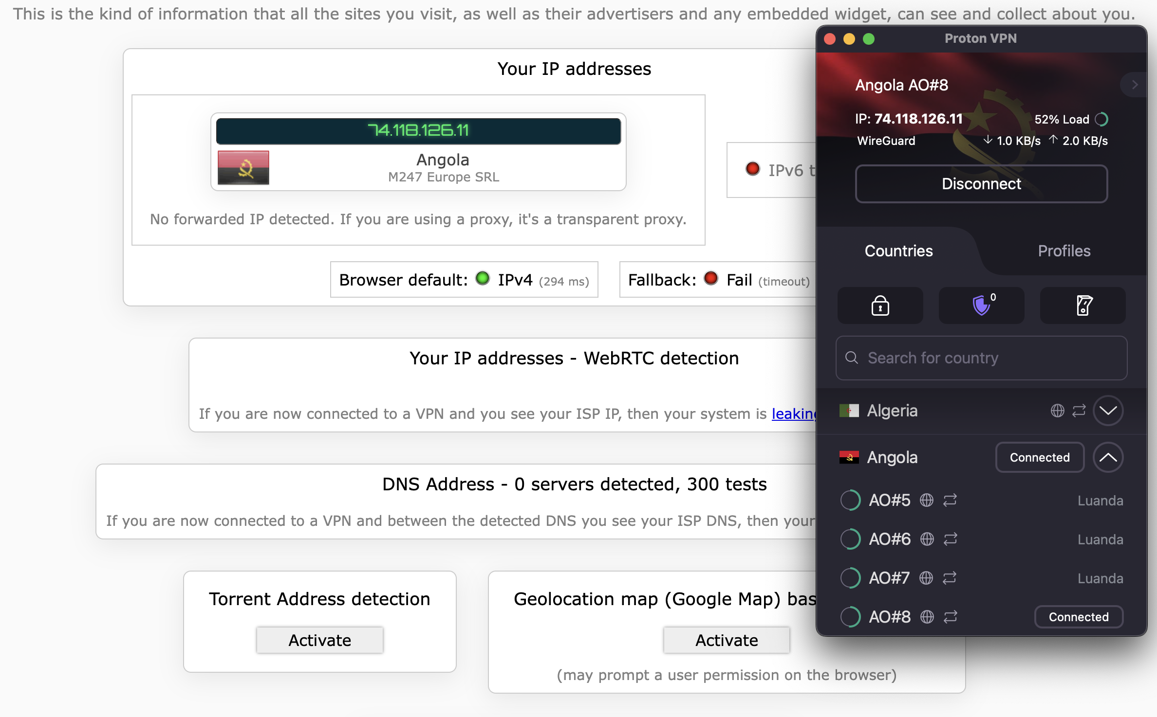 Proton VPN successfully masked our real IP address, even on a virtual location in Angola.