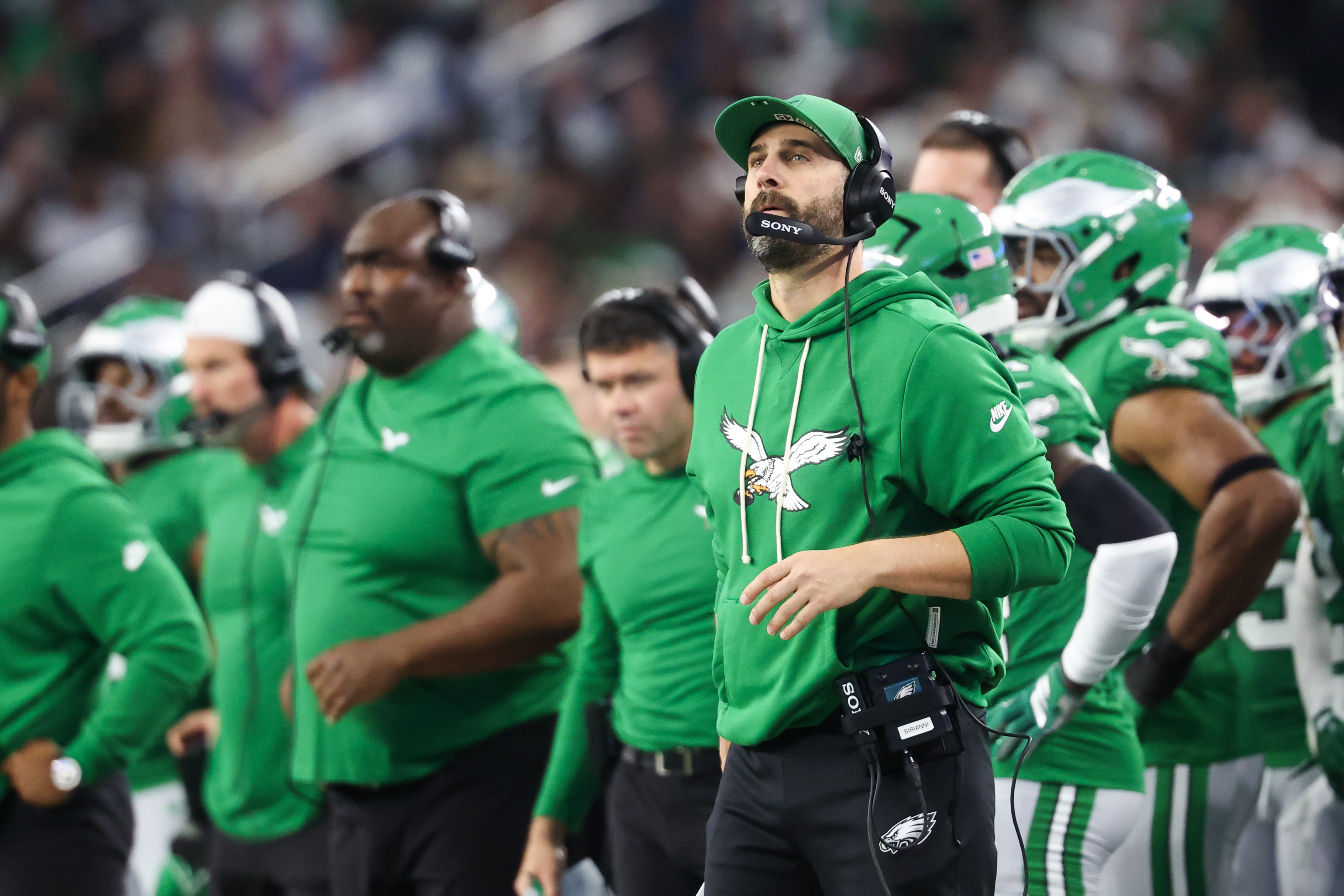 Nov 23, 2025; Arlington, Texas, USA; Philadelphia Eagles head coach Nick Sirianni looks on during the second quarter against the Dallas Cowboys   at AT&T Stadium. Mandatory Credit: Kevin Jairaj-Imagn Images