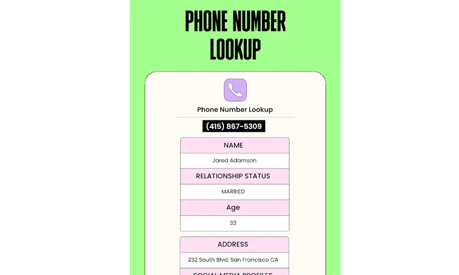 Screenshot from the Tea app, showing a reverse phone number lookup. It includes the person's name, relationship status, age, address, and social profiles.