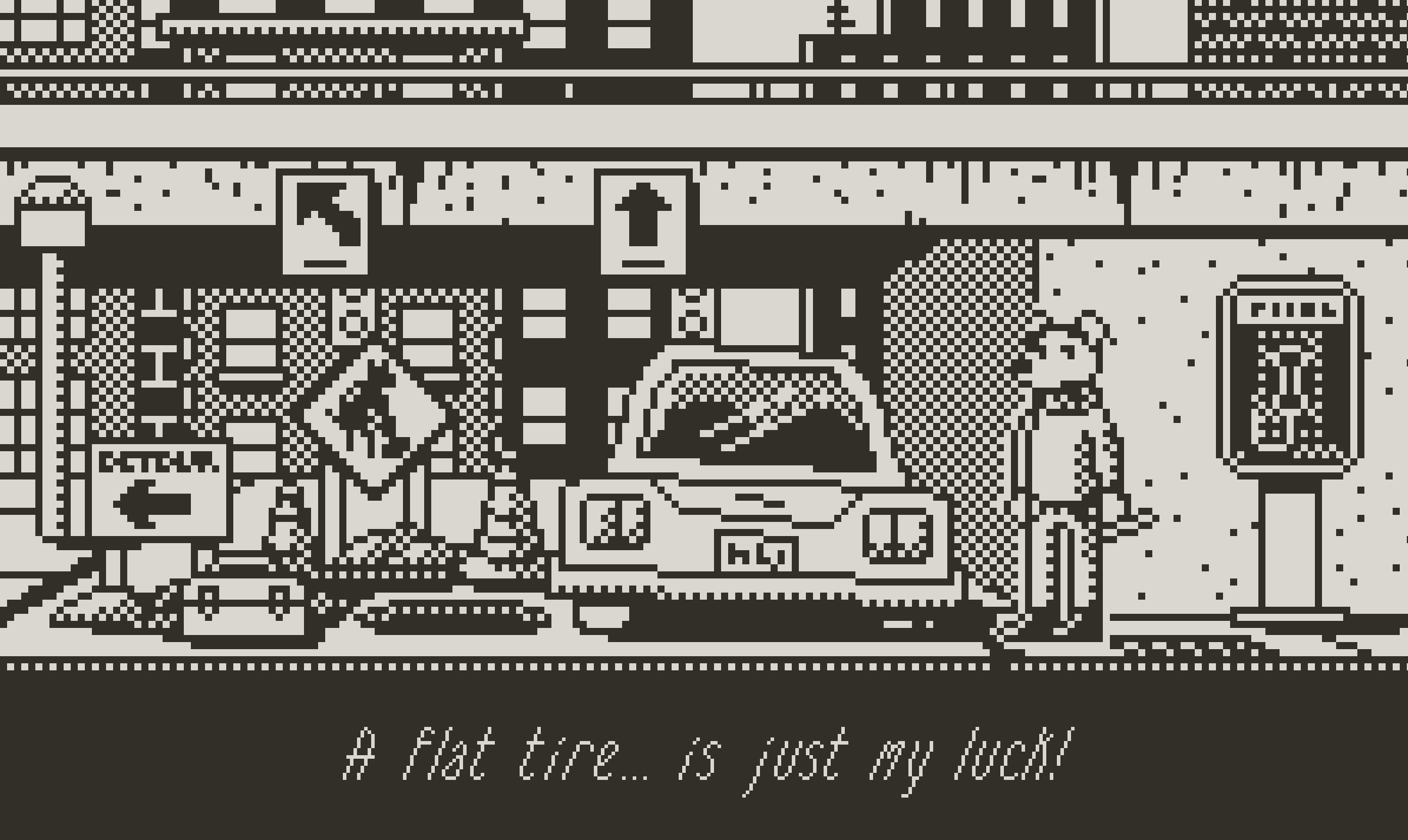 A still from the Playdate game Chance's Lucky Escape showing an anthropomorphized dog standing next to a car in a parking lot, with text below that reads 