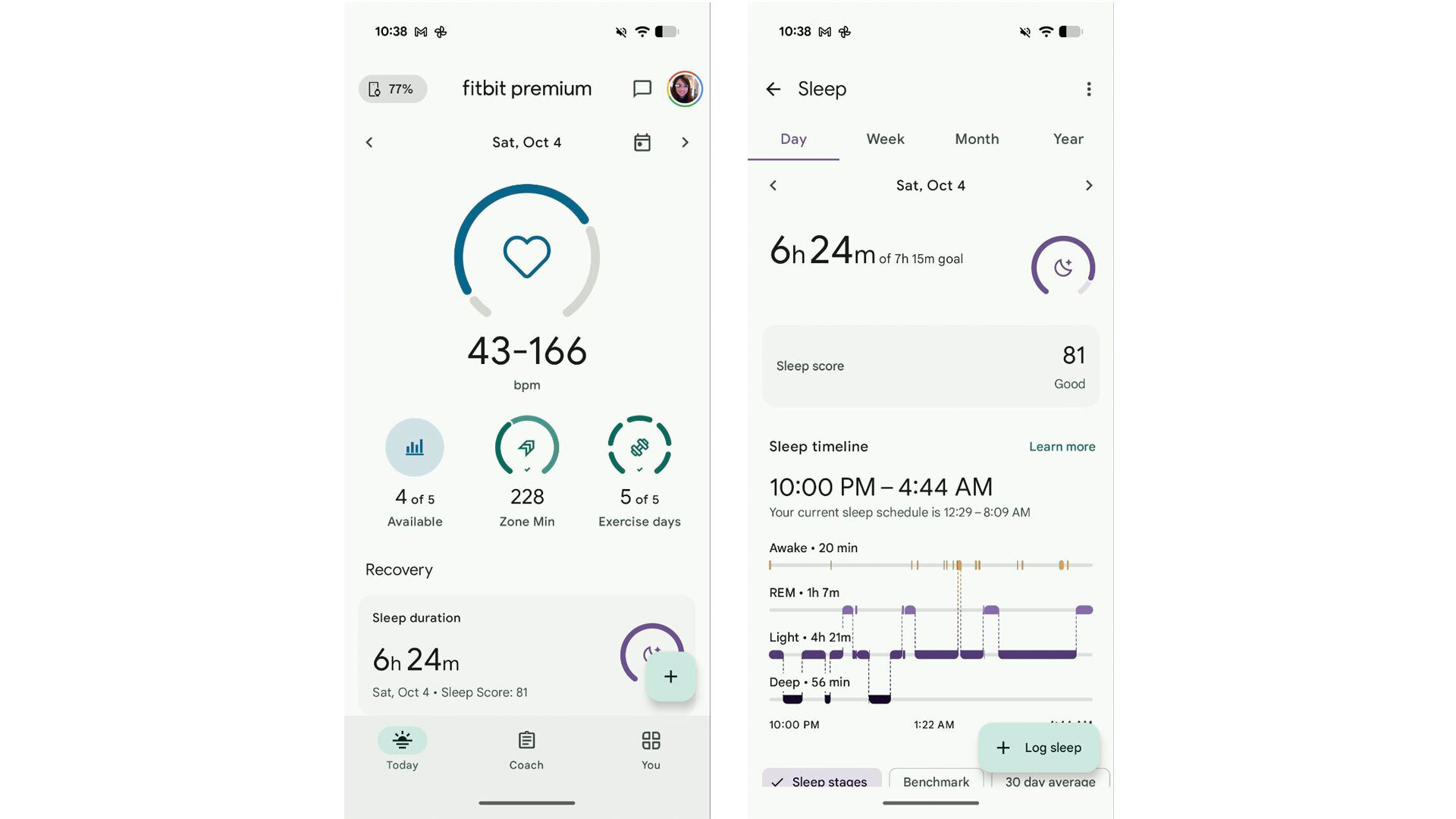Two screenshots of the Fitbit app. The one on the left shows the main dashboard of a person's overall stats on Saturday, October 6. The one on the right shows the sleep page on the same day, with a score of 81 assigned and a total of 6 hours and 24 minutes logged. Below that is a chart with the sleep stages on a timeline.